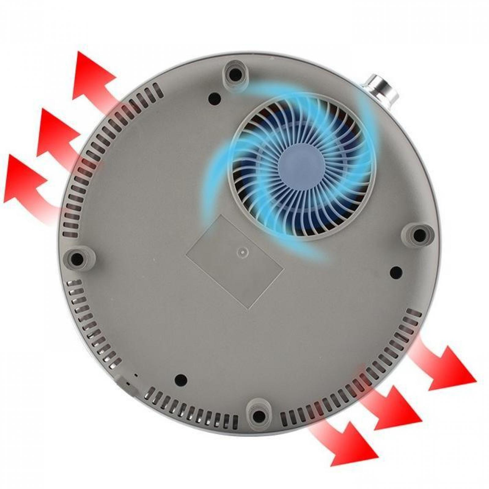 Graues kreisförmiges Gerät mit blauem Ventilator und roten Pfeilen, die den Luftstrom anzeigen. Das Gerät hat Lüftungsschlitze.