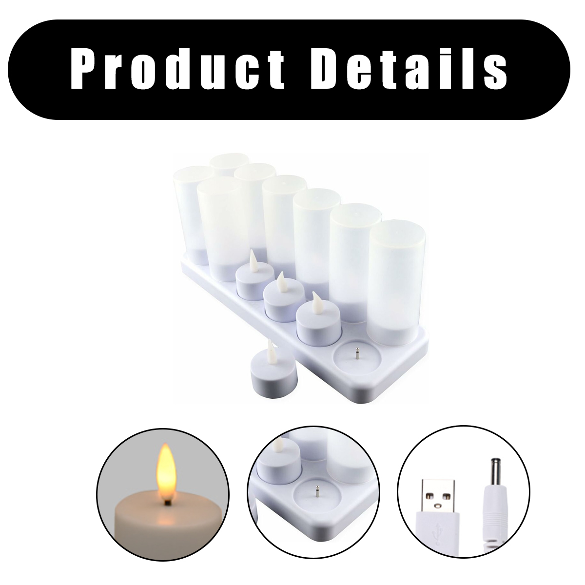 Un set di candele bianche con coperture cilindriche e piccole candele da tè. Include accessori di ricarica. Dettagli del prodotto mostrati sopra.