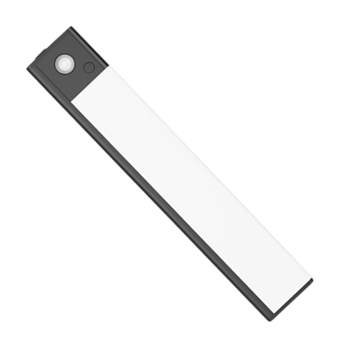 Ein rechteckiges, schwarz-weißes LED-Licht. Es hat einen Bewegungssensor und einen Ein-/Ausschalter.