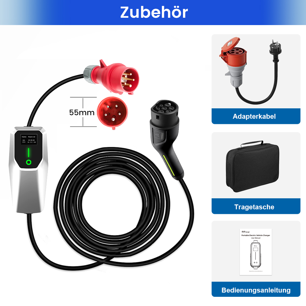 Ein Bild mit Zubehör zum Aufladen von Elektrofahrzeugen: Kabel, Stecker, ein Ladegerät, eine Tragetasche und eine Bedienungsanleitung.