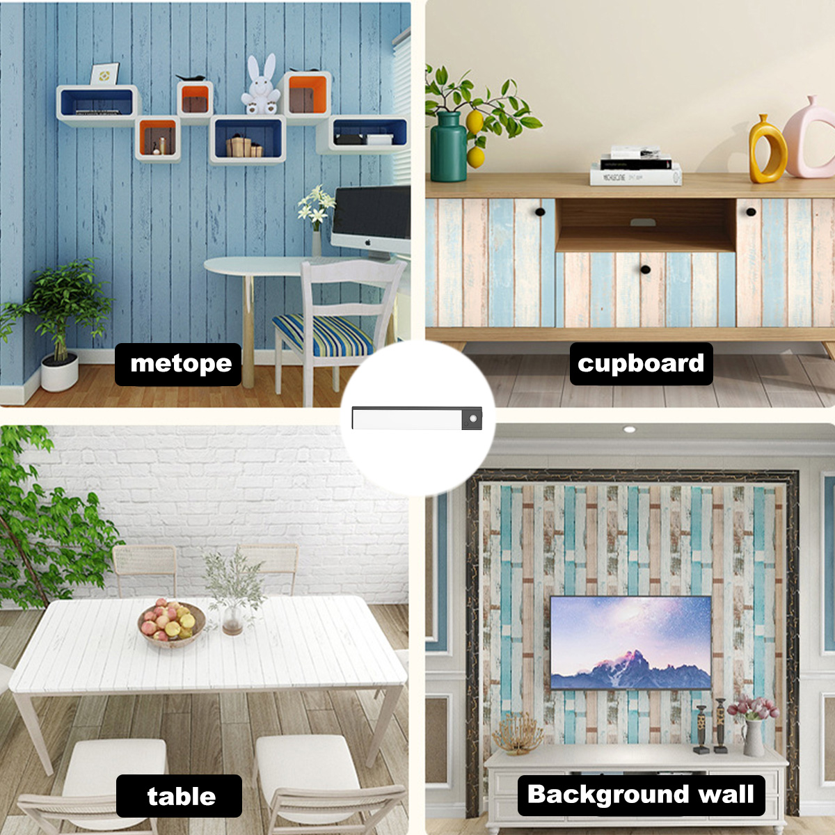 Vier Innenszenen: eine Wand mit Regalen, ein Schrank, ein Tisch und eine Hintergrundwand mit TV und Schrank.