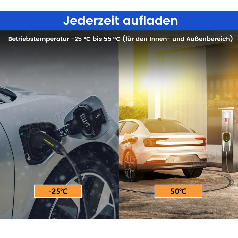 Das Bild zeigt ein Elektroauto beim Laden im Schnee (-25 °C) und in der Sonne (50 °C). Text: 'Jederzeit aufladen' und Temperaturbereich.