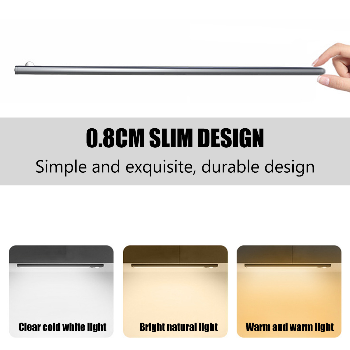 Eine schlanke, silberne Lichtleiste wird von einer Hand gehalten. Unten steht Text: '0,8CM SLIM DESIGN'. Drei Lichtbeispiele werden gezeigt.