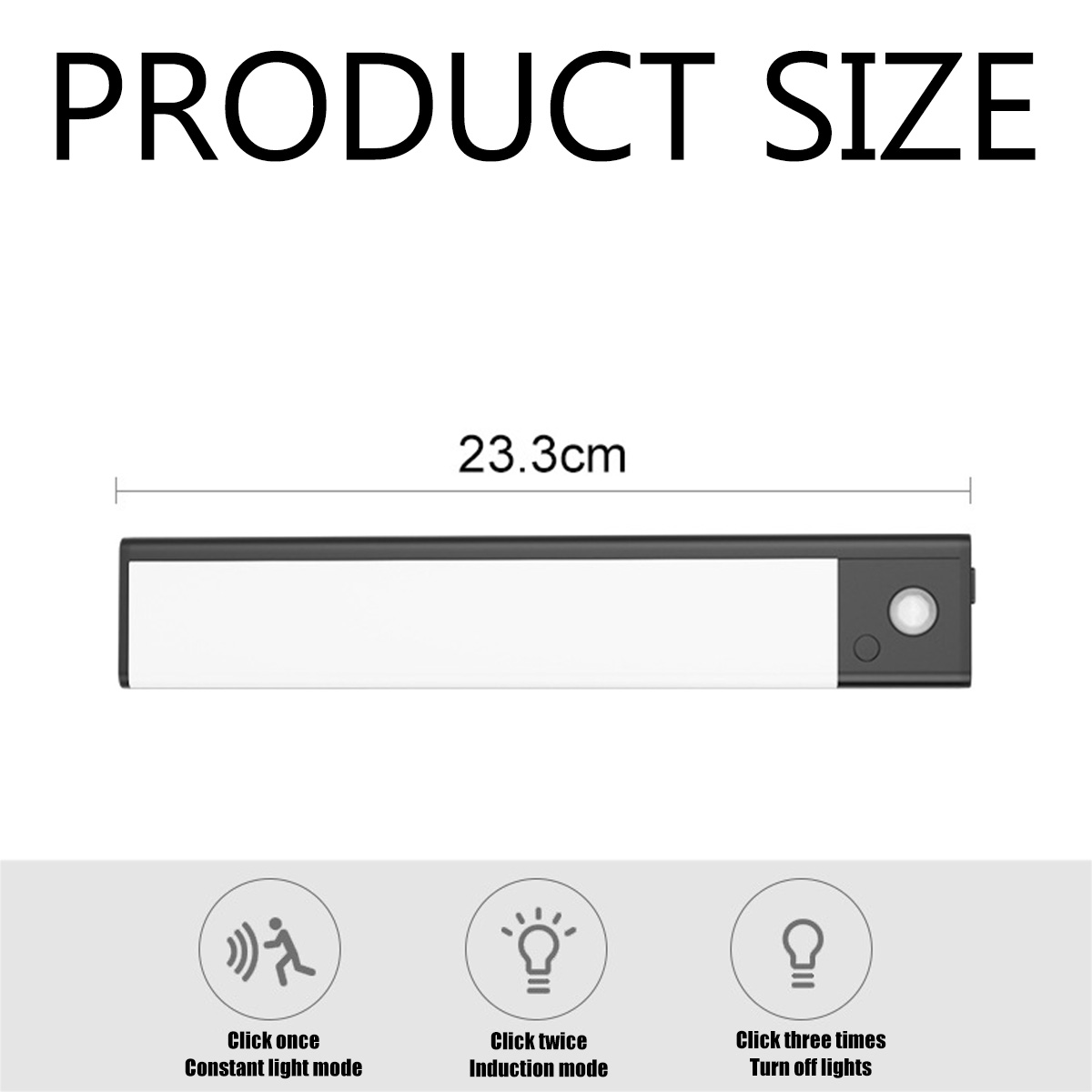 Ein Produkt mit dem Text 'PRODUCT SIZE' und '23,3 cm'. Unten befinden sich Symbole mit Beschreibungen für Lichtmodi: konstant, Induktion und aus.