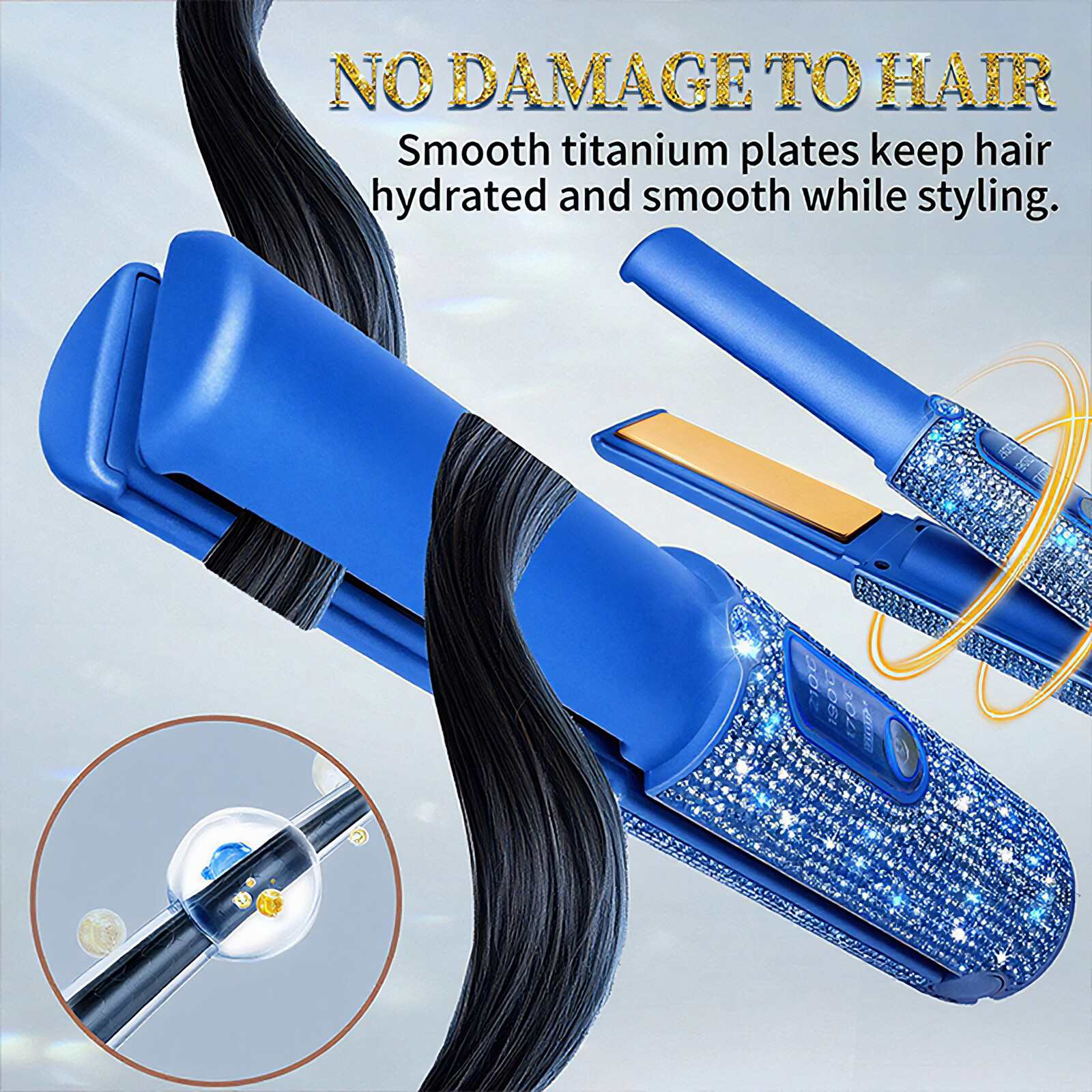 Blauer Haarglätter mit Strasssteinen, schwarzes Haar, Text über keine Haarschäden. Glatte Titanplatten halten das Haar hydriert.