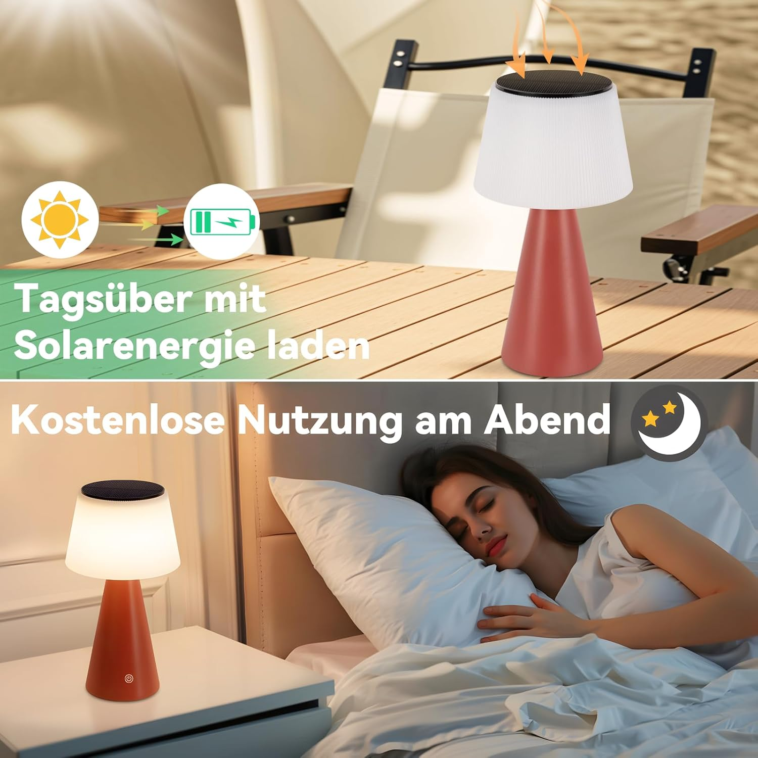 Lampa solarna, z czerwoną podstawą i białym kloszem. Ładuje się w dzień i jest używana w nocy, z śpiącą kobietą.