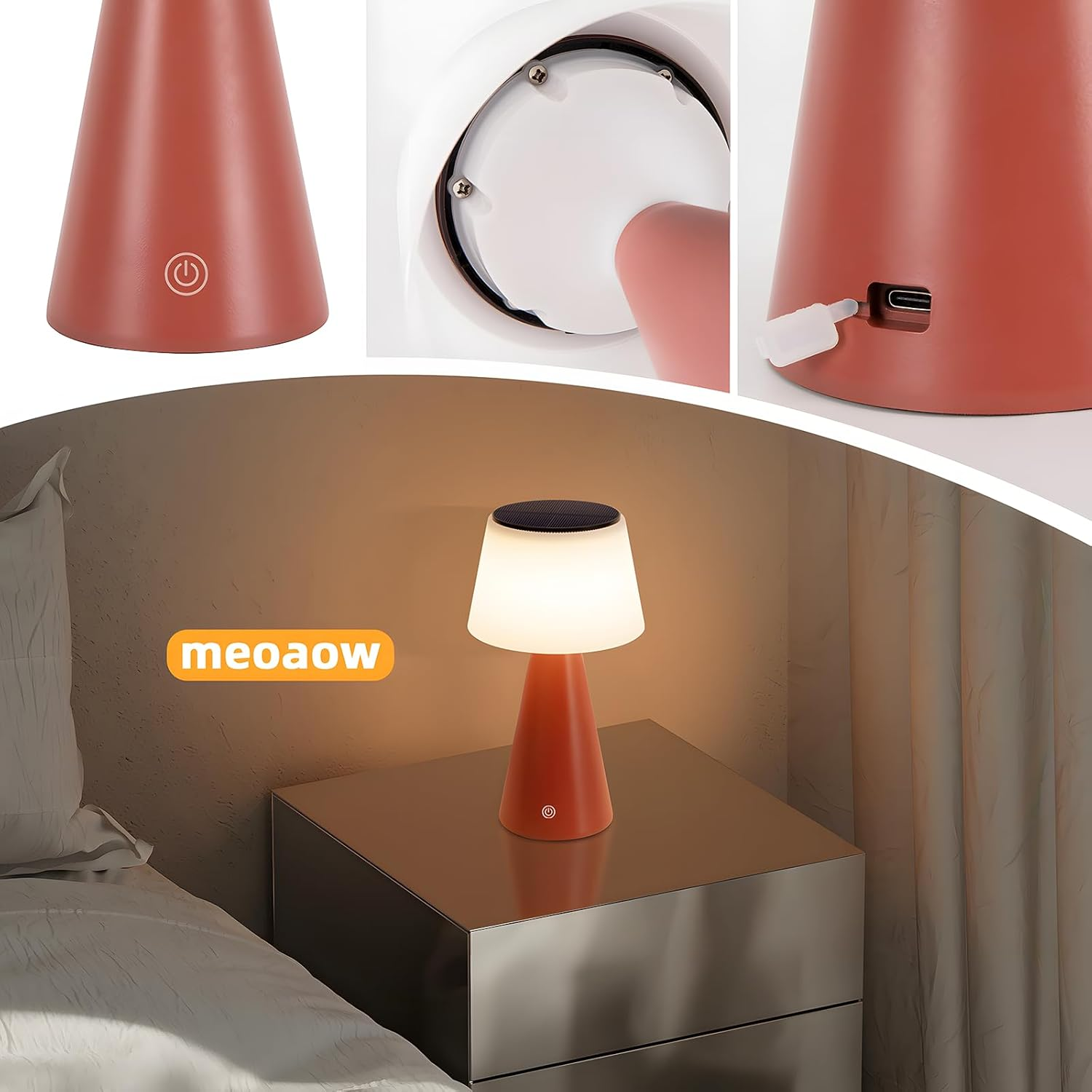 Lampa biurkowa z białym kloszem i pomarańczową podstawą stoi na stoliku nocnym. Widoczne szczegóły, jak przycisk zasilania.