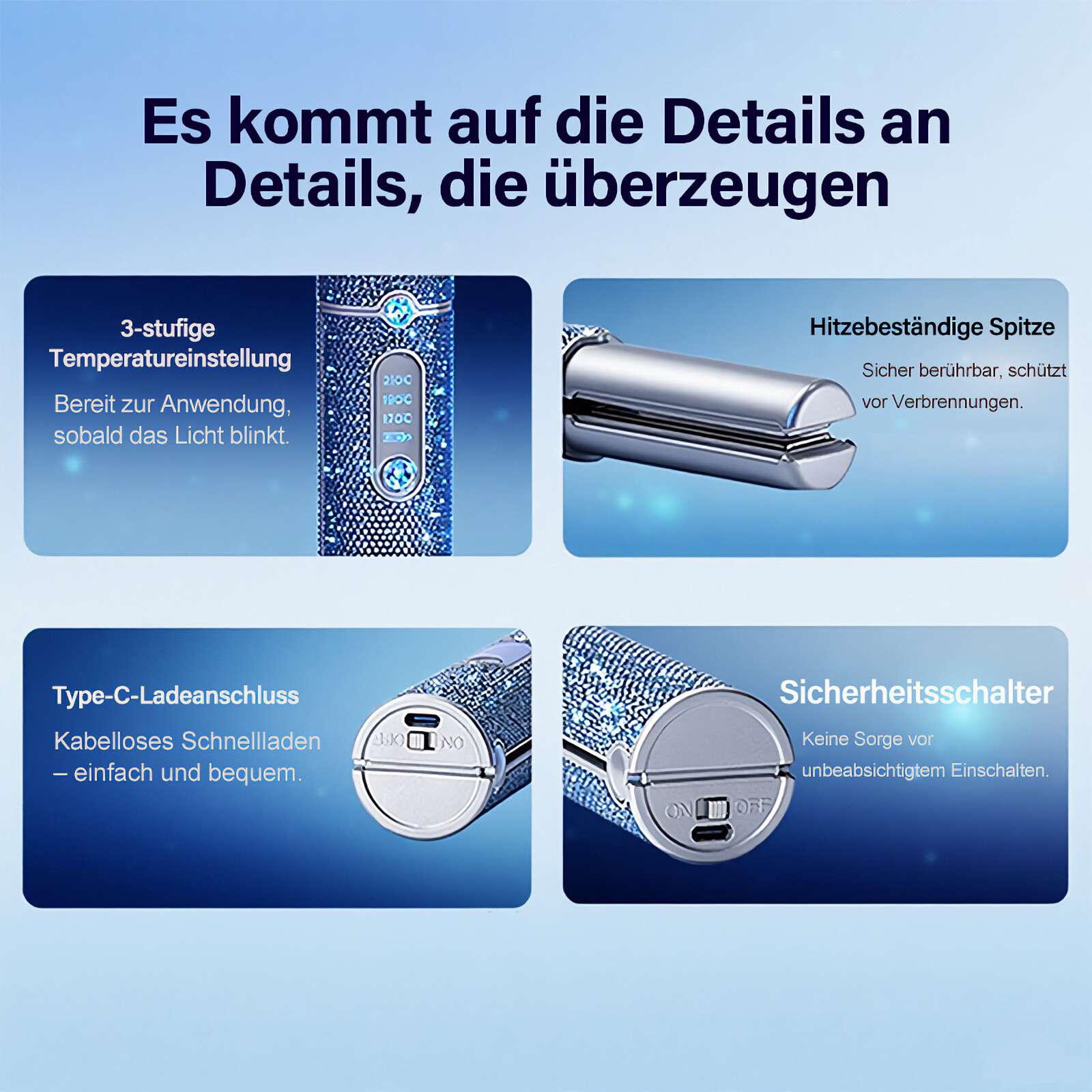 Das Bild zeigt ein blaues Gerät mit deutschem Text. Es hat Temperatureinstellungen, einen C-Typ-Lader und einen Sicherheitsschalter.