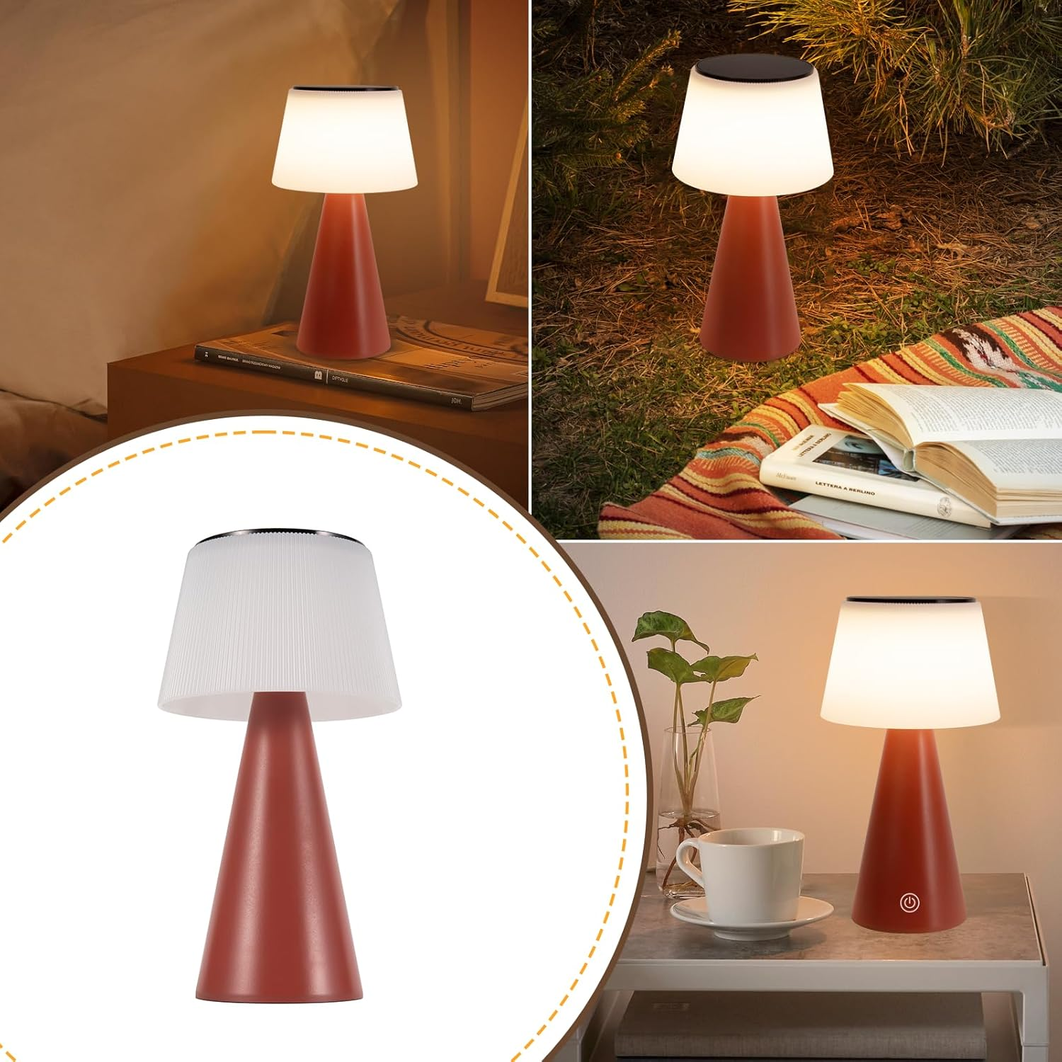 Czerwona lampa z białym abażurem w wielu ustawieniach. Jest na stole z książką, na trawie i na stoliku nocnym.