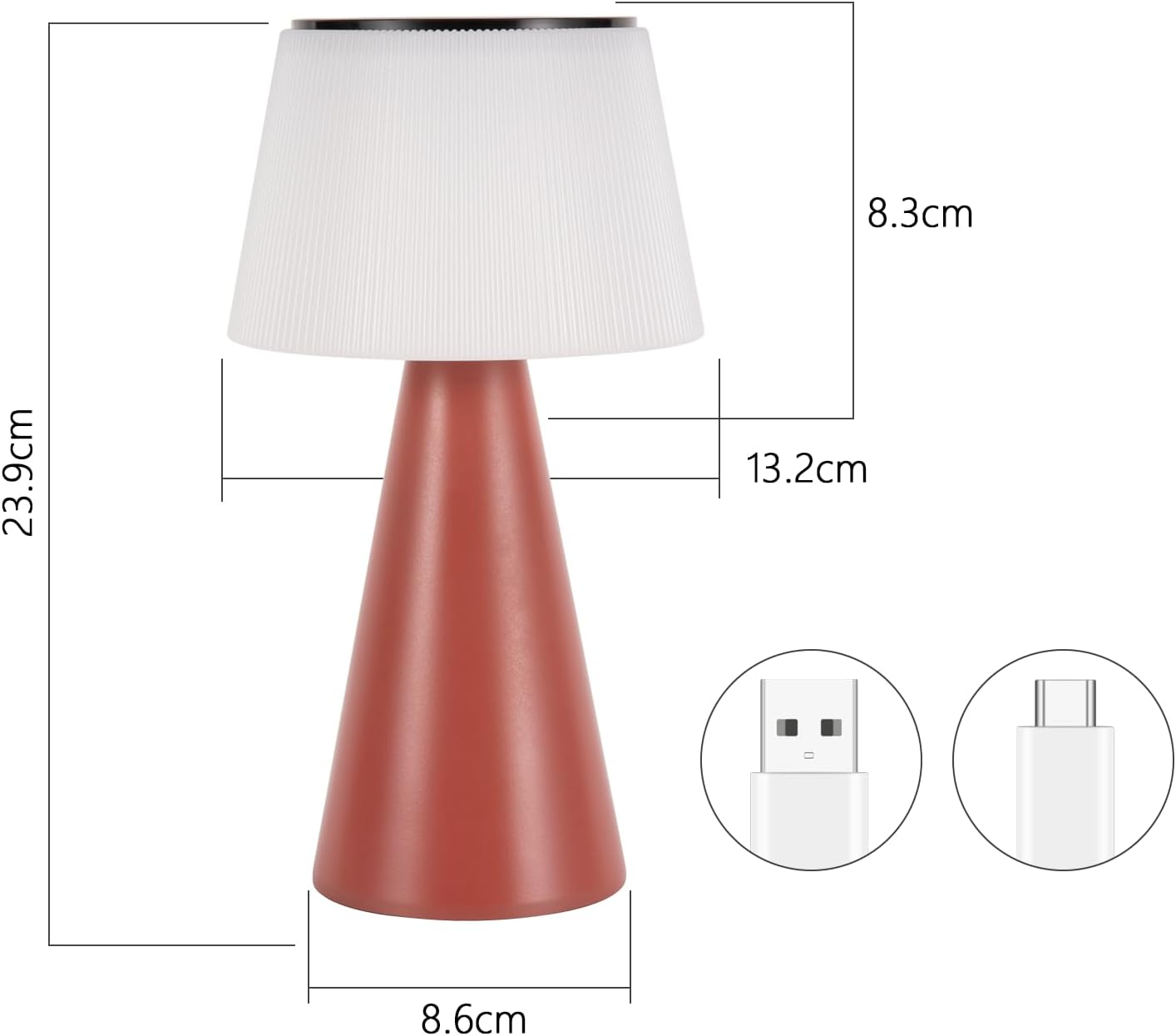 Lampa stołowa z białym abażurem i czerwoną podstawą. Podano wymiary. Obok pokazano dwa złącza USB.