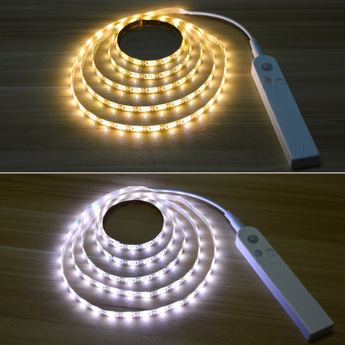 LED-Streifenlichter in zwei Modi: Warmweiß und Kaltweiß. Ein weißes Steuergerät ist angeschlossen. Die Lichter liegen auf einer Holzoberfläche.