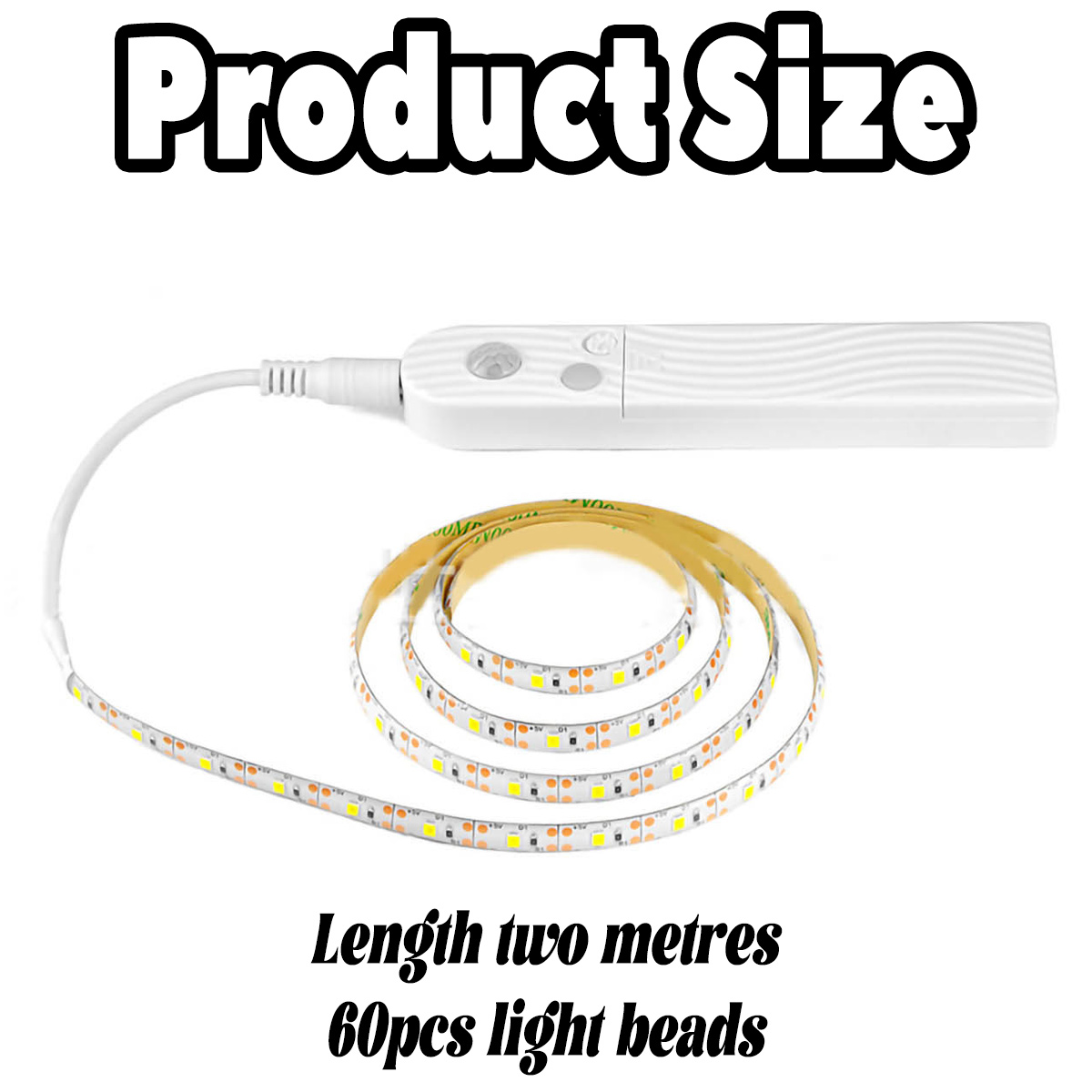 Ein weißer LED-Streifen mit weißem Controller, aufgerollt, mit Text 'Produktgröße'. Länge: zwei Meter. 60 Lichtperlen.