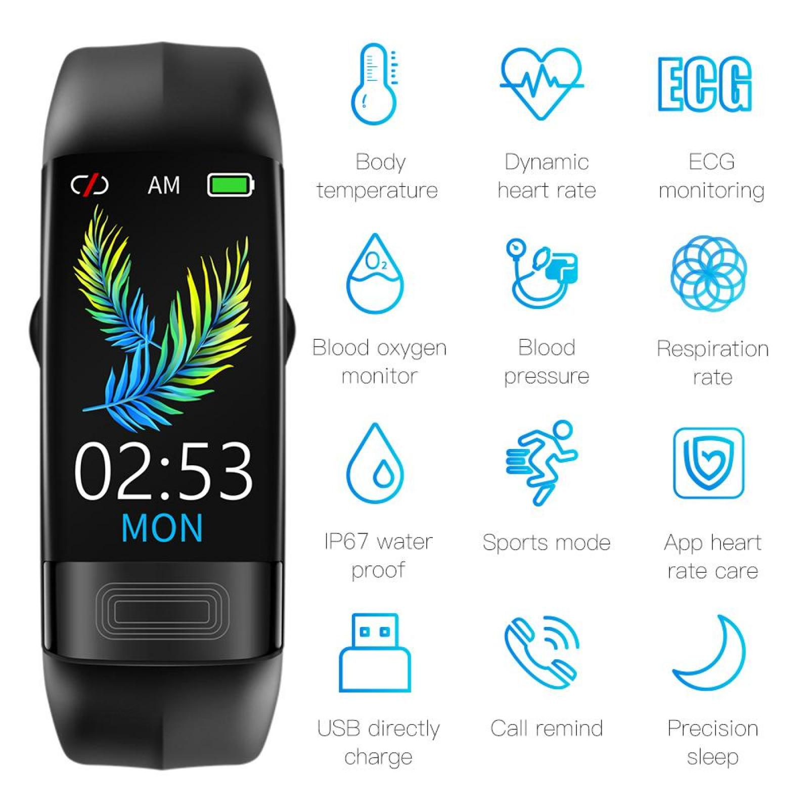 Schwarze Smartwatch mit Zeitanzeige. Icons zeigen Gesundheitsfunktionen wie Herzfrequenz, EKG und Blutsauerstoffüberwachung.