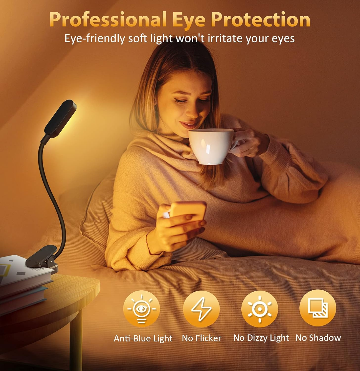 Frau im Bett mit Leselampe, Handy und Tasse. Text: Professioneller Augenschutz. Symbole für Lichtmerkmale.