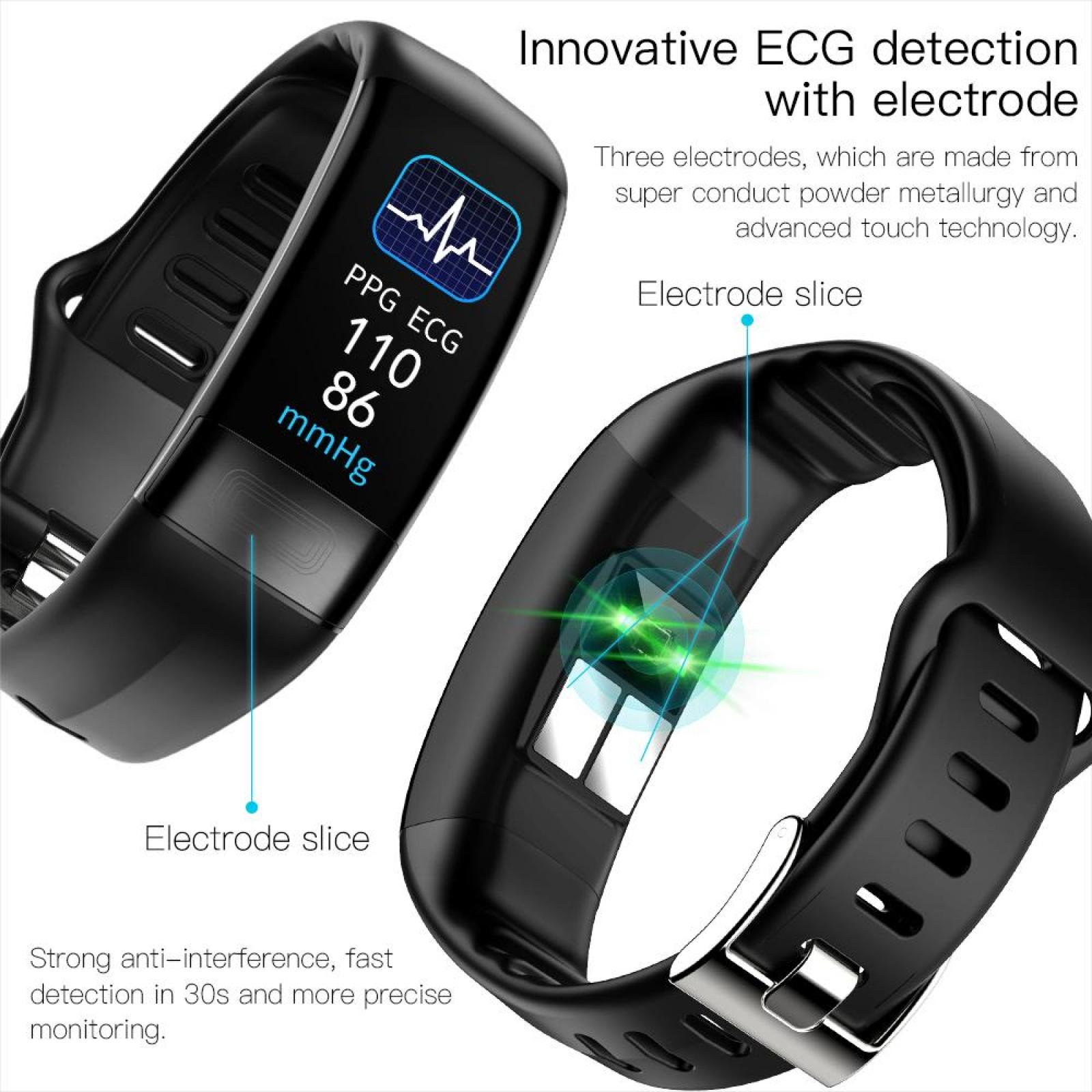 Schwarze Smartwatch mit EKG-Anzeige, die Messwerte anzeigt. Text: 'Innovative EKG-Erkennung mit Elektrode'.