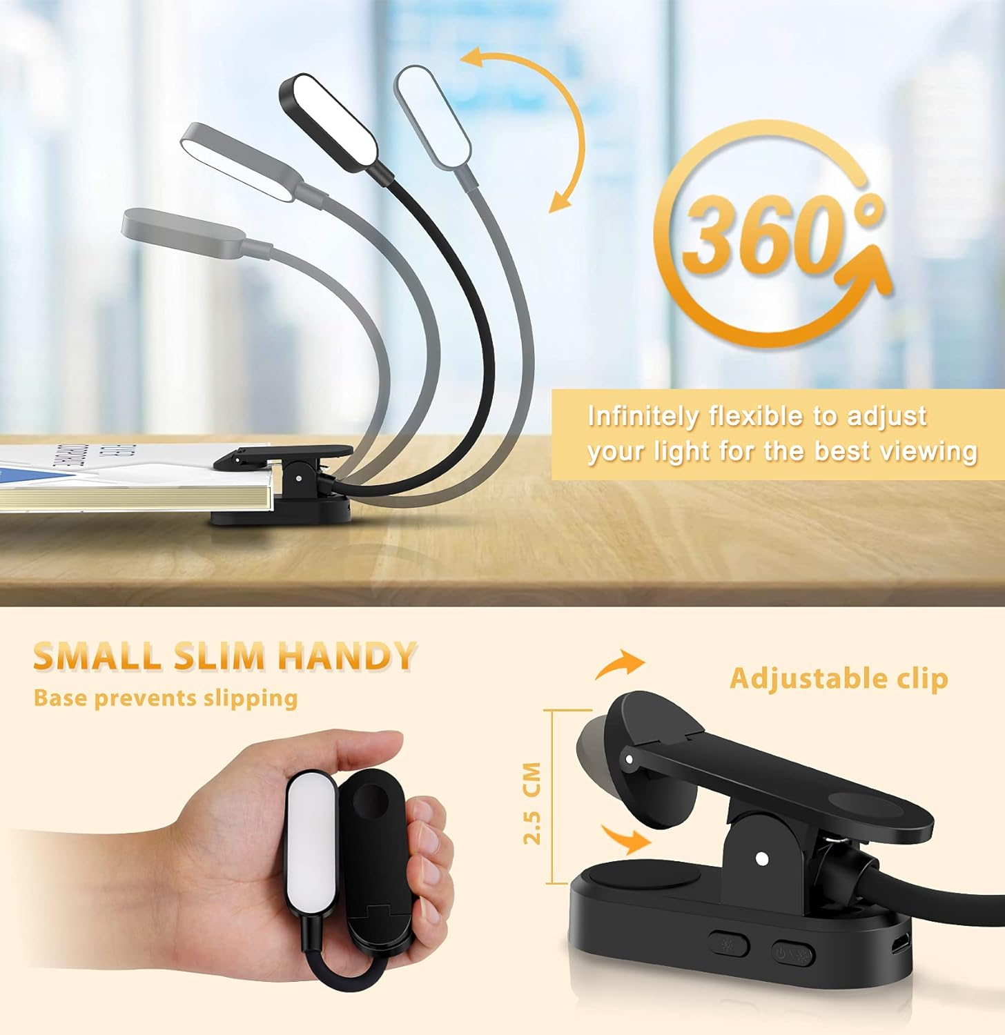 Eine flexible LED-Leselampe mit Clip wird gezeigt, zusammen mit Nahaufnahmen des Clips und der Lampe in der Hand. Text hebt die Funktionen hervor.