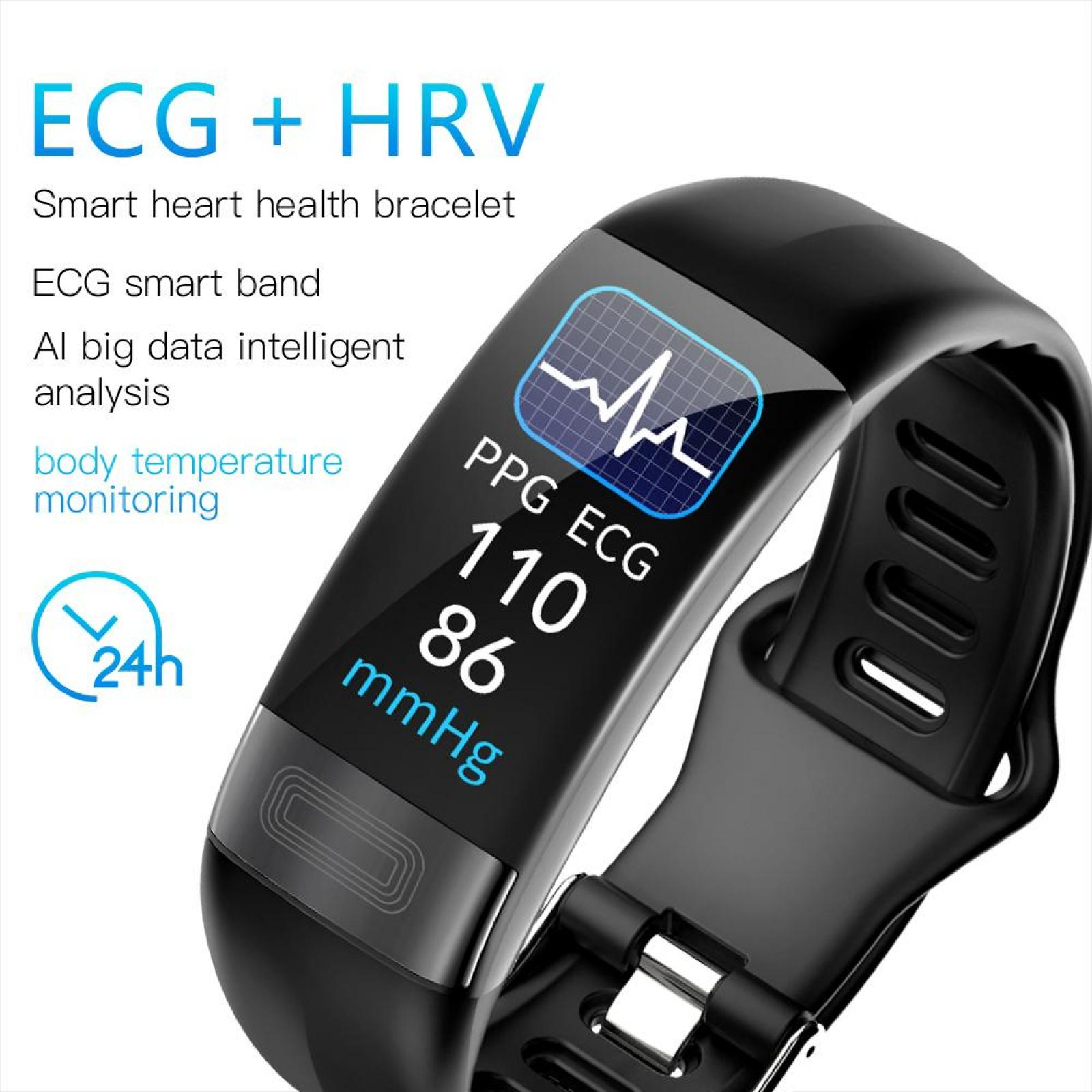 Schwarze Smartwatch, die PPG EKG mit Messwerten anzeigt. Text: EKG + HRV, Smart Heart Health Armband, Körpertemperaturüberwachung.