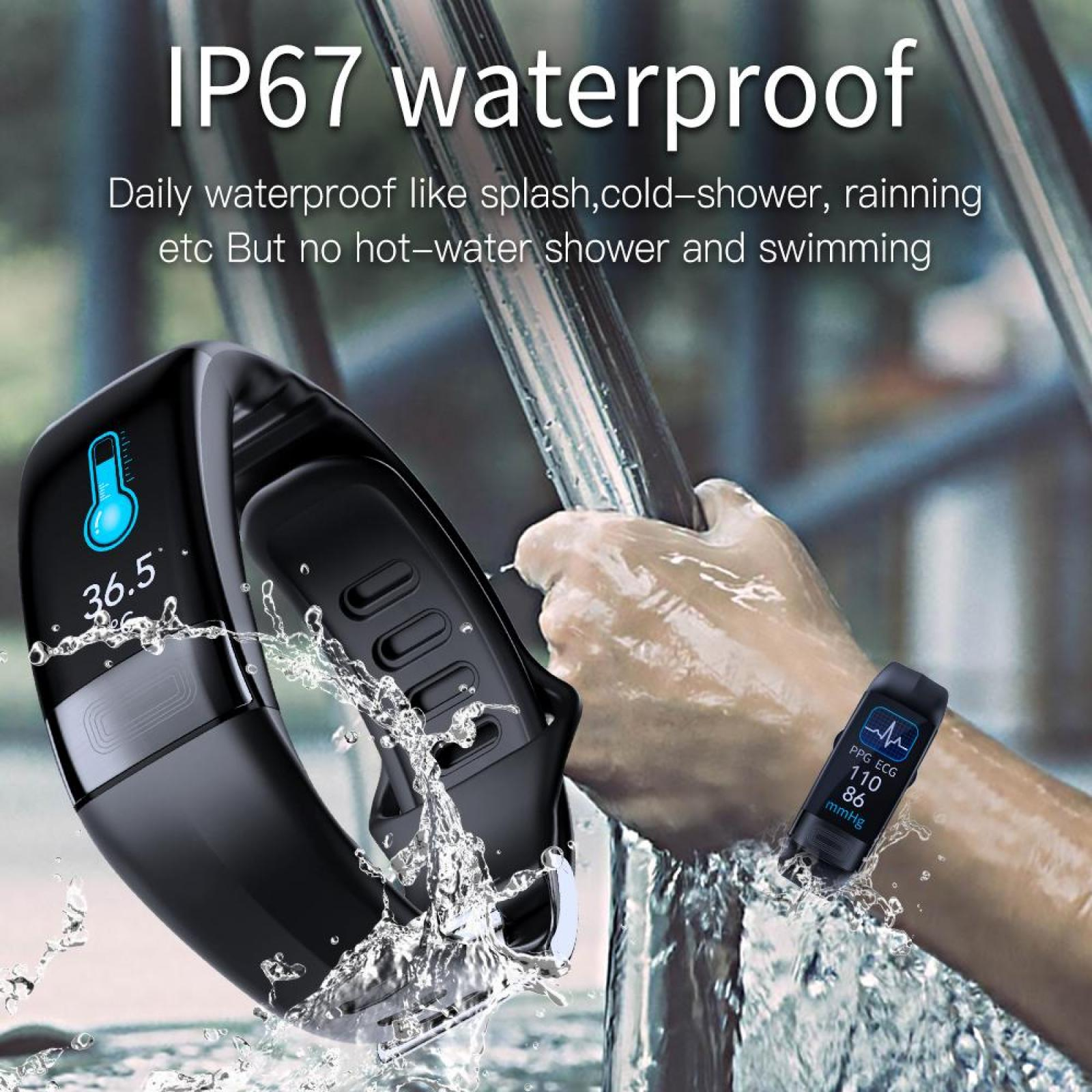Schwarze Smartwatch mit Wasserspritzern. Zeigt Temperatur und PPG EKG an. Im Hintergrund ist eine Hand, die eine Metallstange hält.