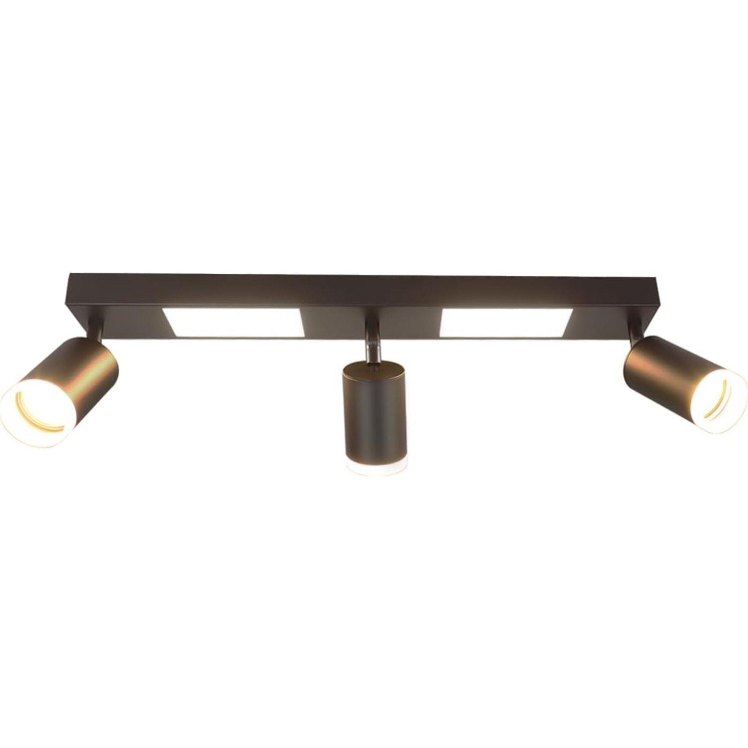 Un moderno apparecchio di illuminazione a soffitto con tre faretti e due luci rettangolari. L'apparecchio è marrone metallizzato su sfondo bianco.