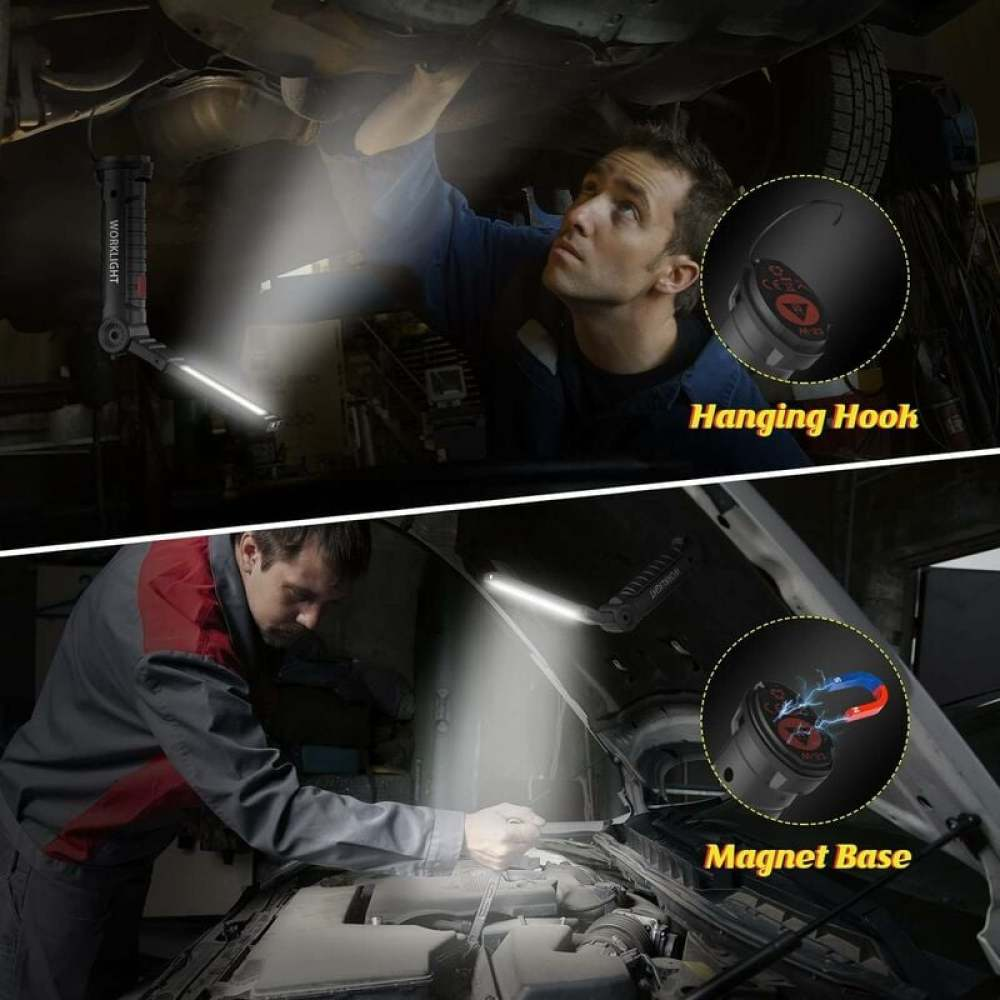 Mechaniker verwenden Arbeitsleuchten bei Autoreparaturen. Einer unter dem Auto mit Haken, der andere mit Magnetfuß auf der Haube.
