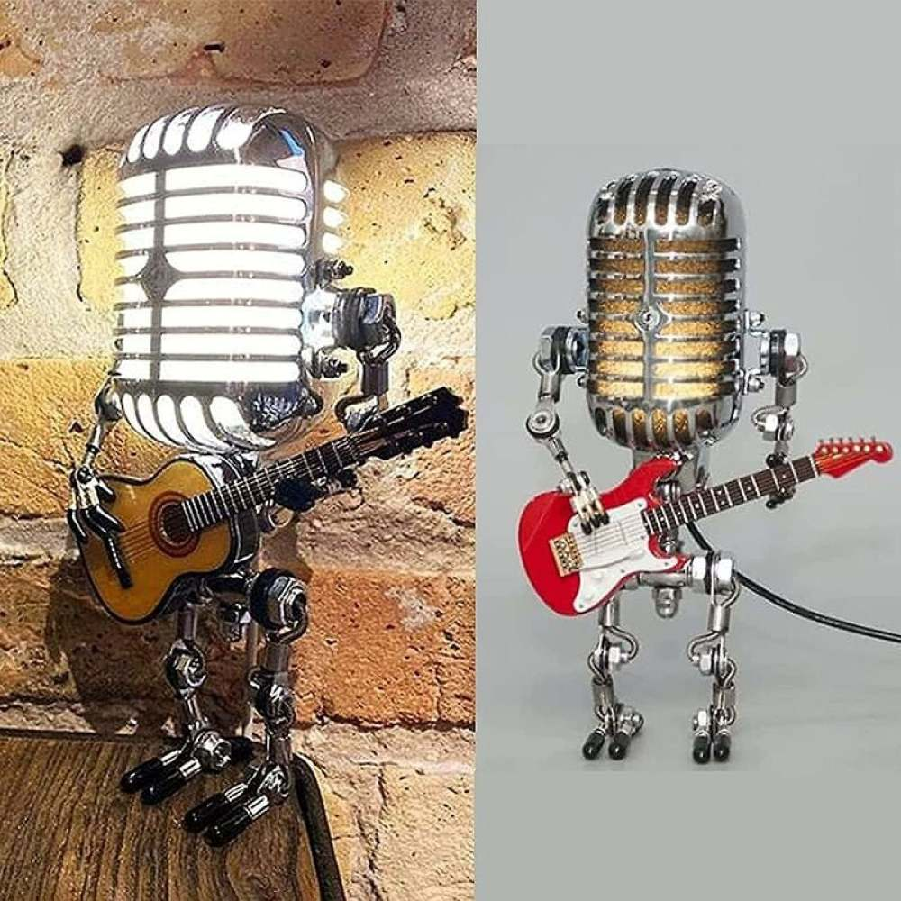 Zwei roboterartige Lampen, eine an einer Ziegelmauer mit einer Gitarre, die andere in der Mitte mit einer roten E-Gitarre.