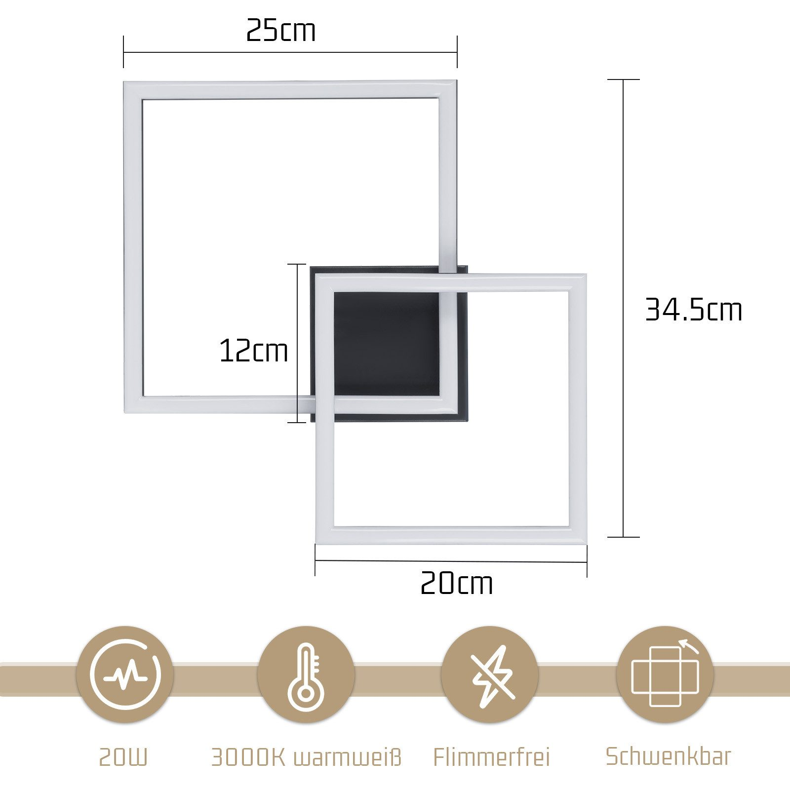 Un moderno apparecchio di illuminazione a LED bianco e nero, con dimensioni e icone che indicano le caratteristiche.