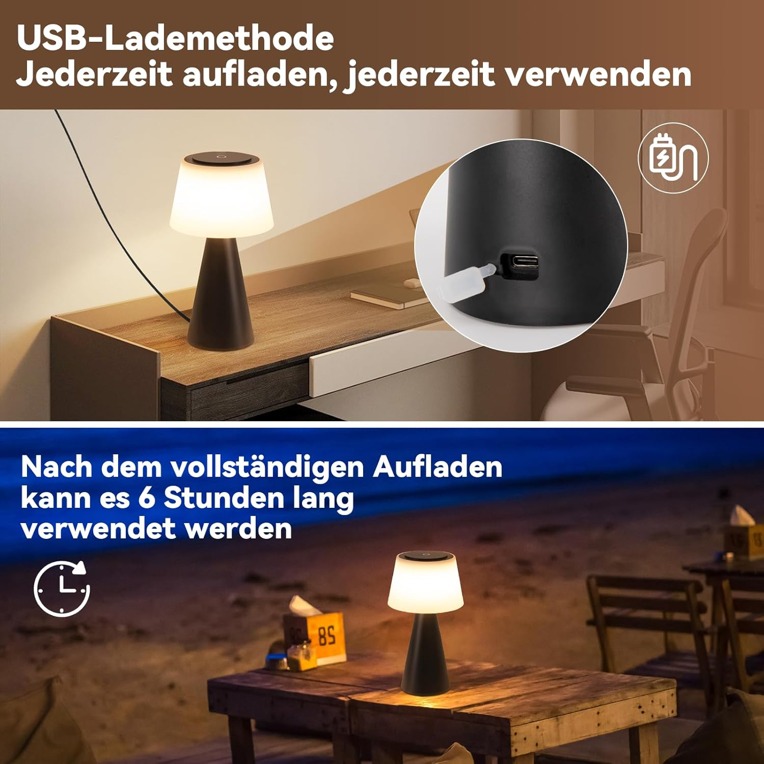Una lámpara en una mesa con un puerto de carga USB, con el texto 'Jederzeit aufladen, jederzeit verwenden' arriba.