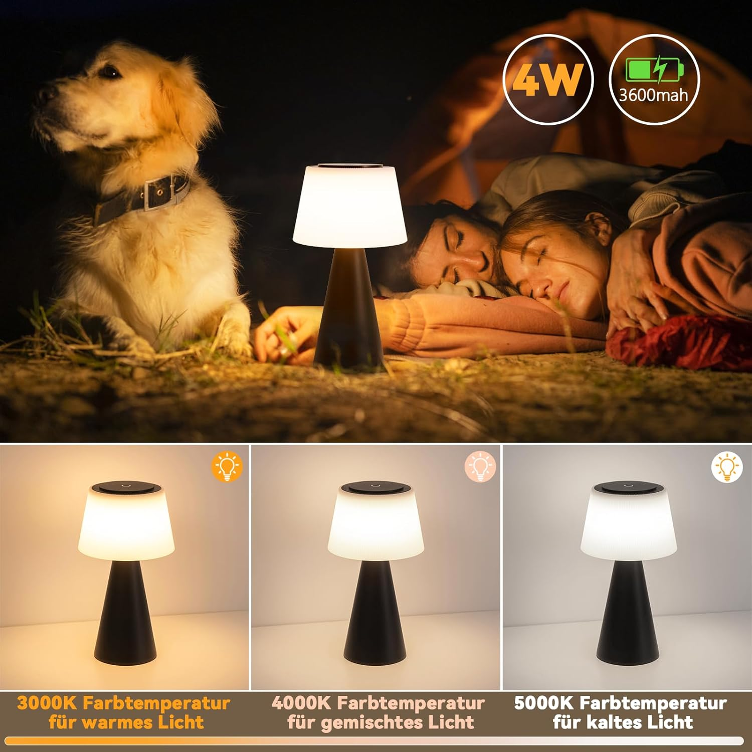 Una lámpara encendida junto a un perro y dos personas durmiendo. La lámpara tiene diferentes ajustes de color. El texto indica la potencia y la batería.