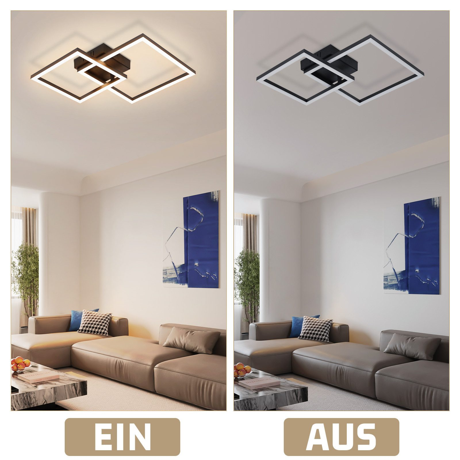Soggiorno con lampada da soffitto moderna, divano, opera d'arte blu e tavolino. Luce accesa nella prima immagine, spenta nella seconda.