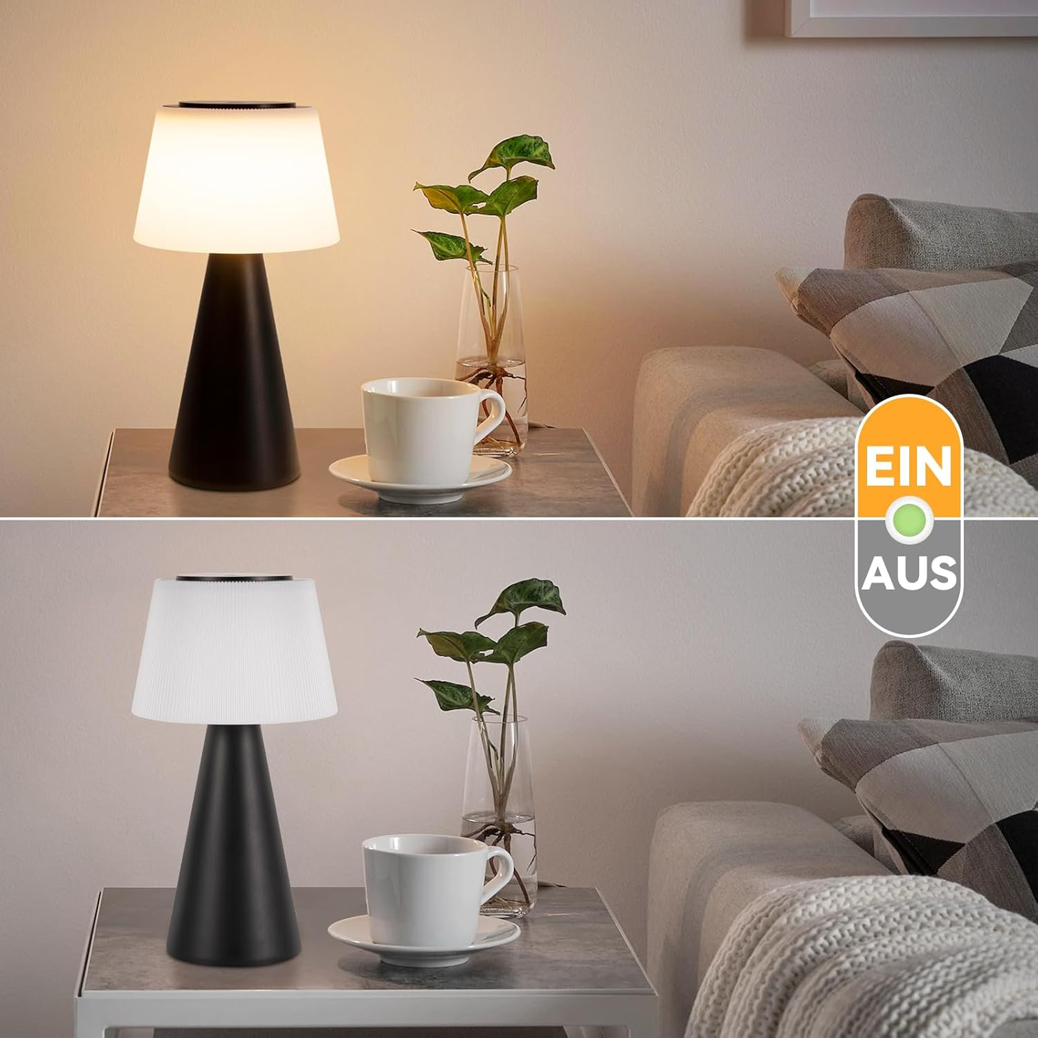 Lámpara de mesa con base negra y pantalla blanca, taza y platillo, y planta en jarrón. Botón de encendido/apagado visible.