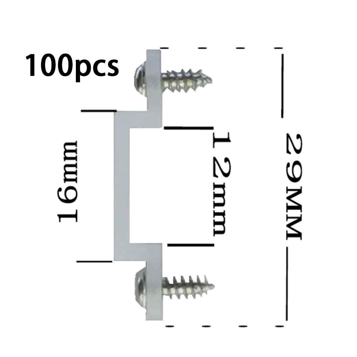 Diagramm eines Metallstreifens mit Schrauben. Maße sind 16 mm, 12 mm und 29 mm. Text lautet '100 Stück'.