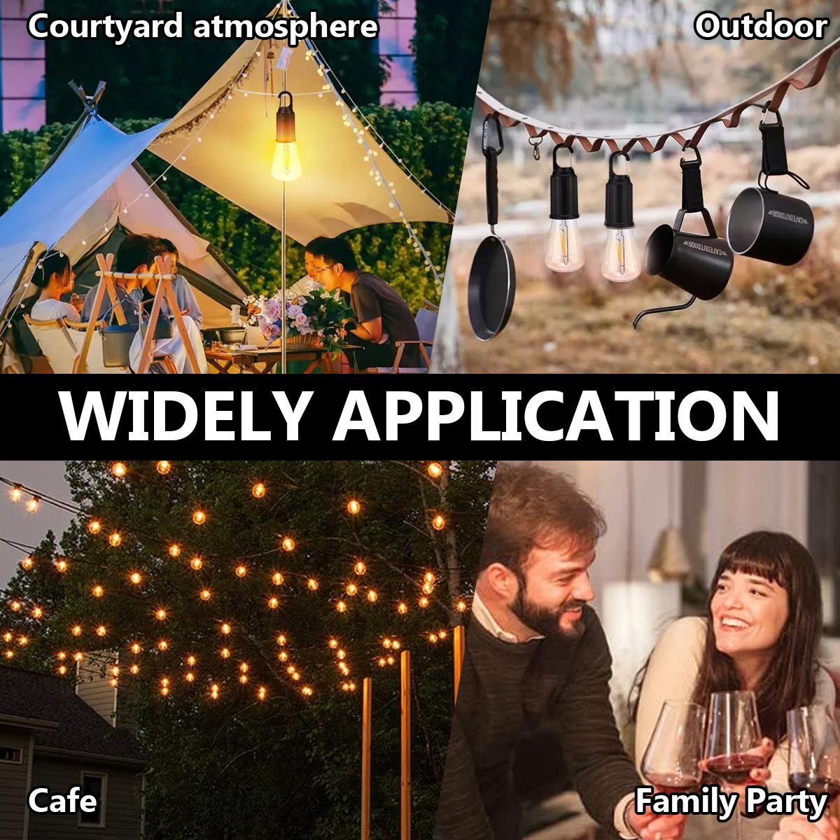 Das Bild zeigt Szenen im Freien: Zelt mit Personen, Lichterketten, ein Paar auf einer Party und hängende Gegenstände im Freien.