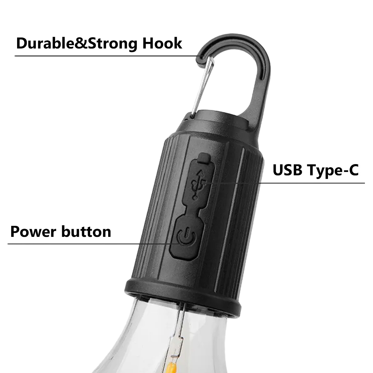 Nahaufnahme einer schwarzen Laterne mit Haken, Ein-/Ausschalter und USB-C-Anschluss. Die Laterne hat eine transparente Glühbirne.