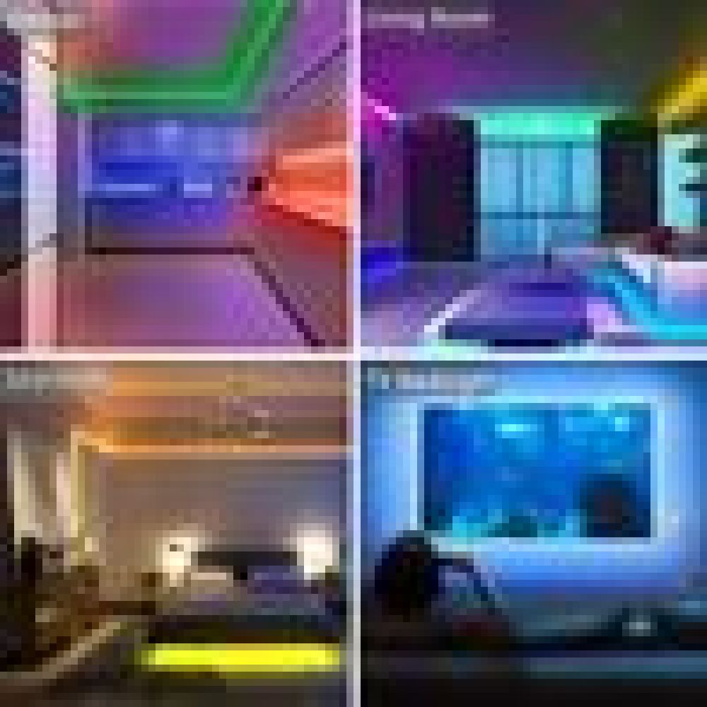 Vier Bilder zeigen Zimmer mit farbigen LED-Streifen an Wänden und Decken, die für stimmungsvolle Lichteffekte sorgen.
