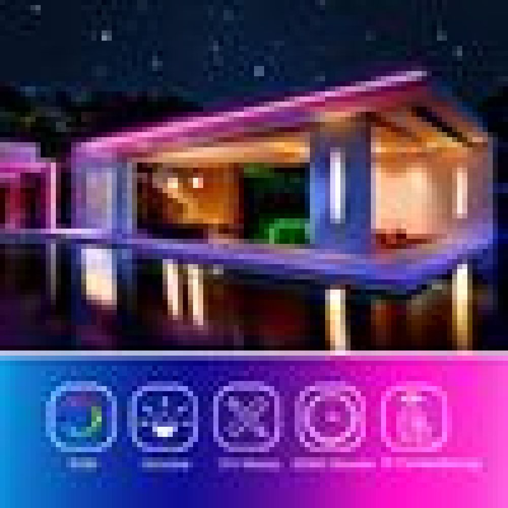 Ein modernes Haus mit farbigen Lichtern, die sich nachts im Wasser spiegeln, mit Symbolen darunter. Der Himmel ist dunkel und sternenreich.