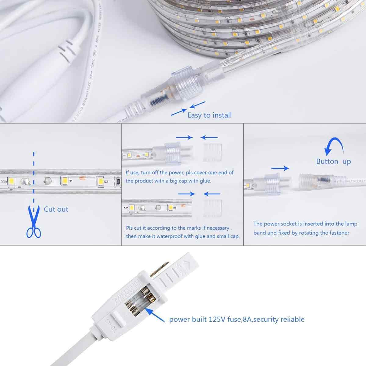 Das Bild zeigt die Installationsschritte für LED-Streifen: Schneiden, Anschließen und wasserdichtes Abdichten. Enthält Details zum Netzanschluss und zur Sicherung.