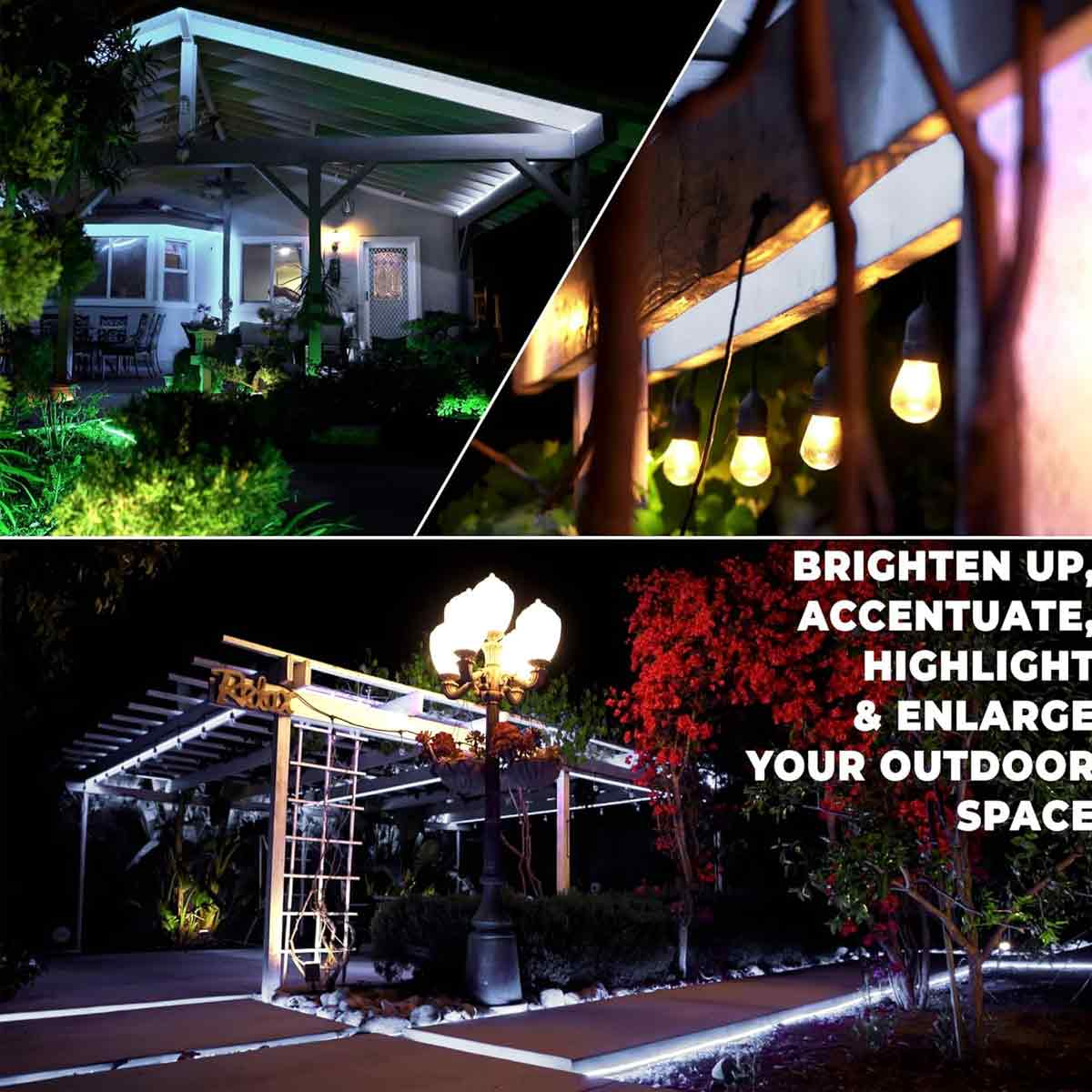 Nachtszenen im Freien mit Lichtern. Ein Haus und eine Pergola sind mit Lichterketten und Strahlern beleuchtet. Text: Aufhellen, Akzentuieren, Hervorheben.