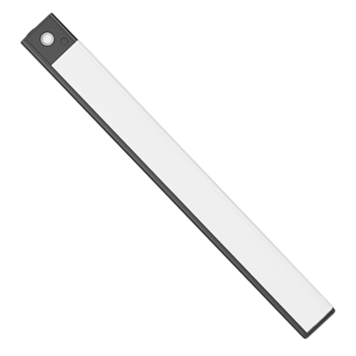 Eine rechteckige LED-Leuchte mit weißer Mitte und schwarzen Rändern. An einem Ende ist ein kleiner Knopf sichtbar.