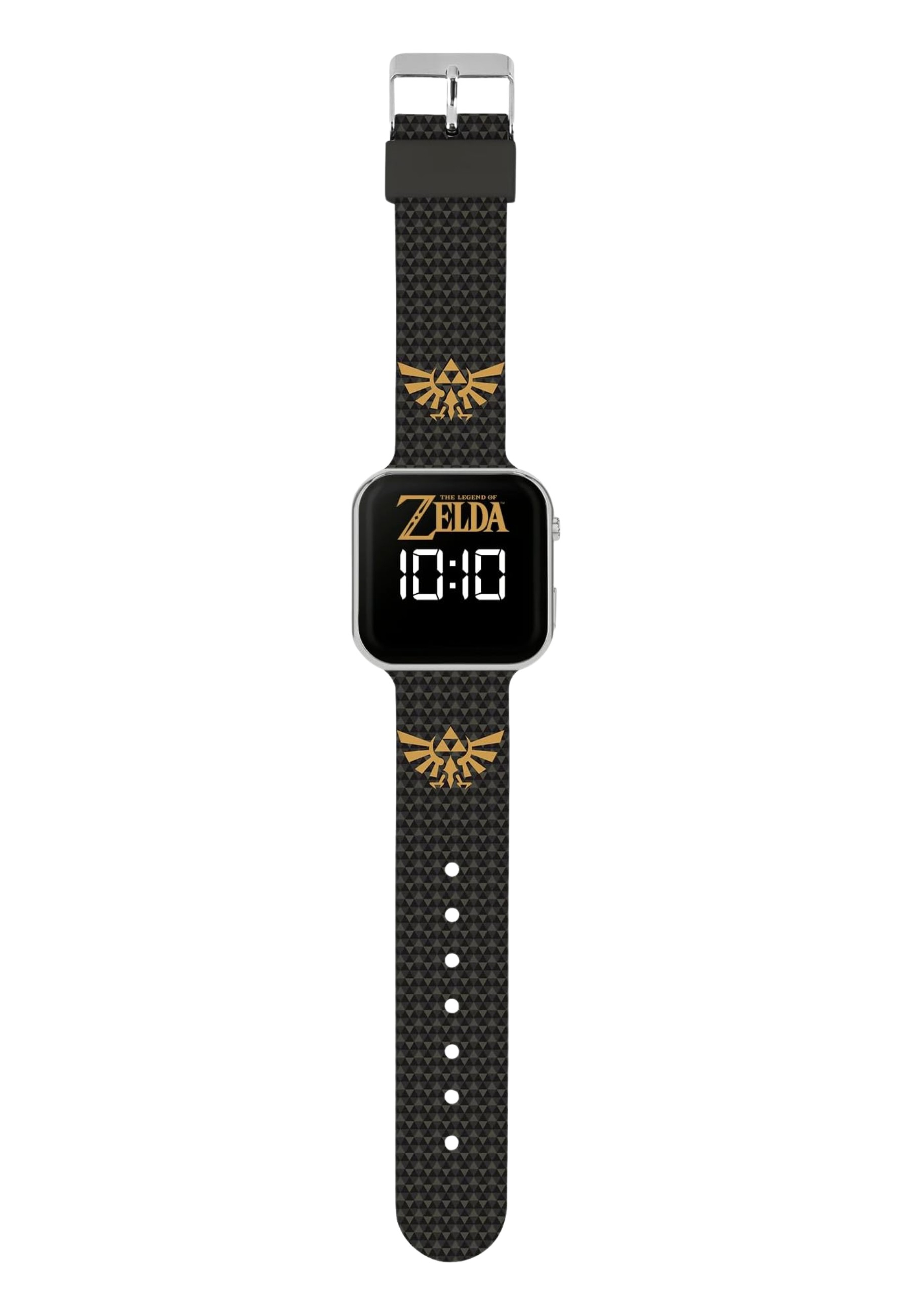 Eine schwarze Uhr mit Zelda-Design. Die Uhrzeit ist 10:10. Das Armband ist gemustert und hat eine silberne Schnalle.