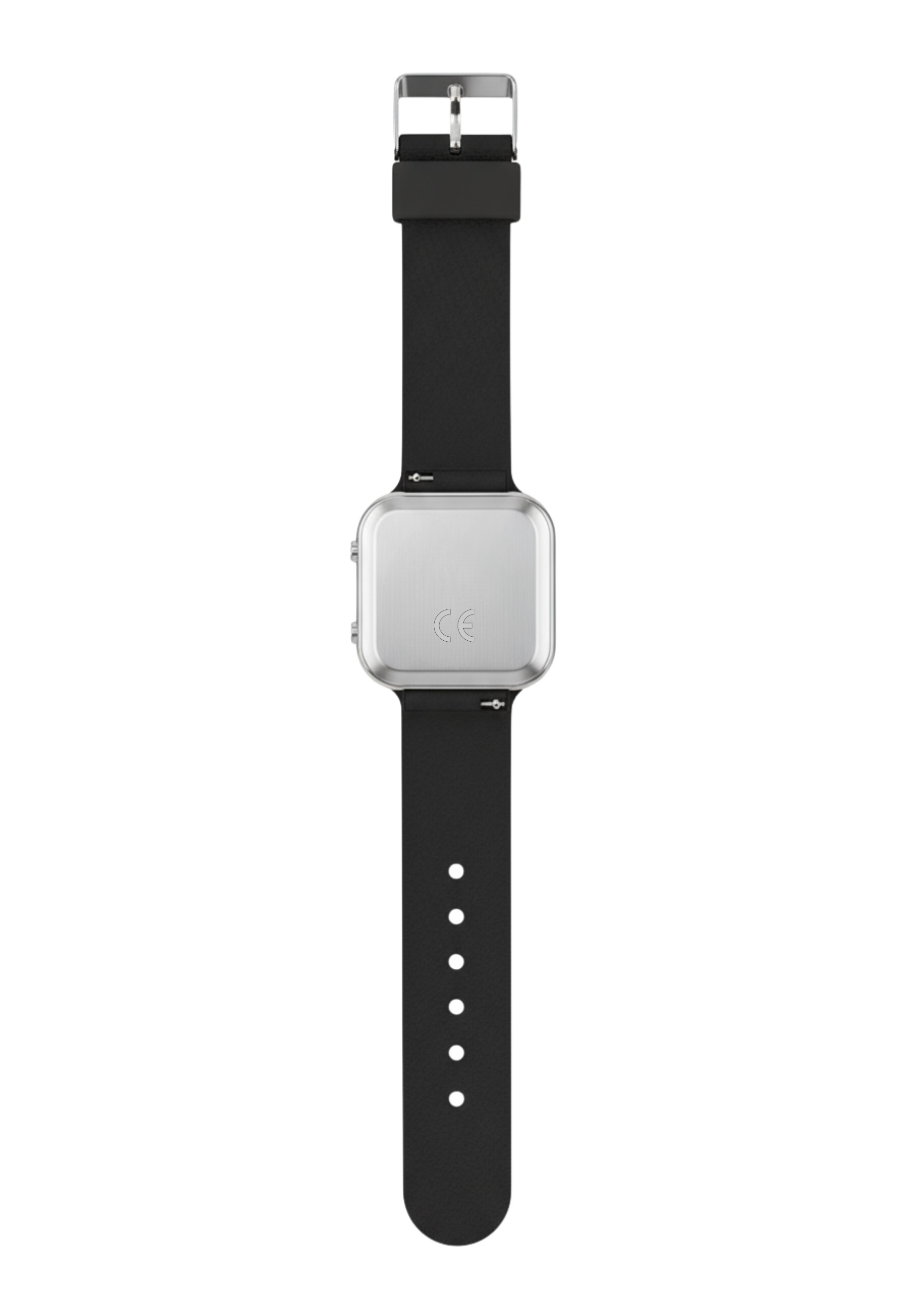 Eine schwarze Smartwatch mit silbernem quadratischen Zifferblatt, schwarzem Armband und Schnalle auf weißem Grund.