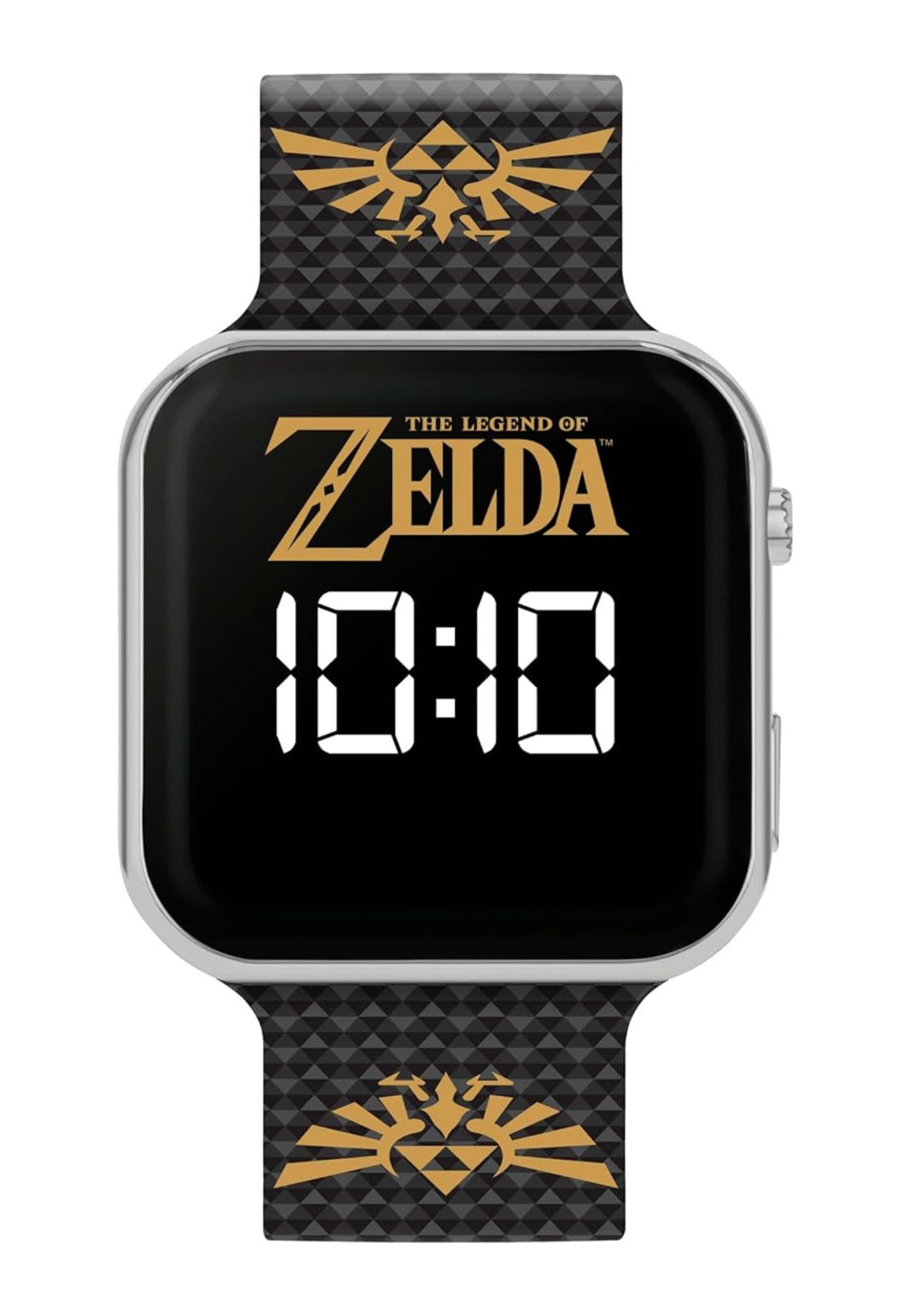 Eine digitale Uhr im Zelda-Design. Sie zeigt 10:10 an. Das Armband hat ein goldenes Emblem auf einem schwarzen Diamantmuster.