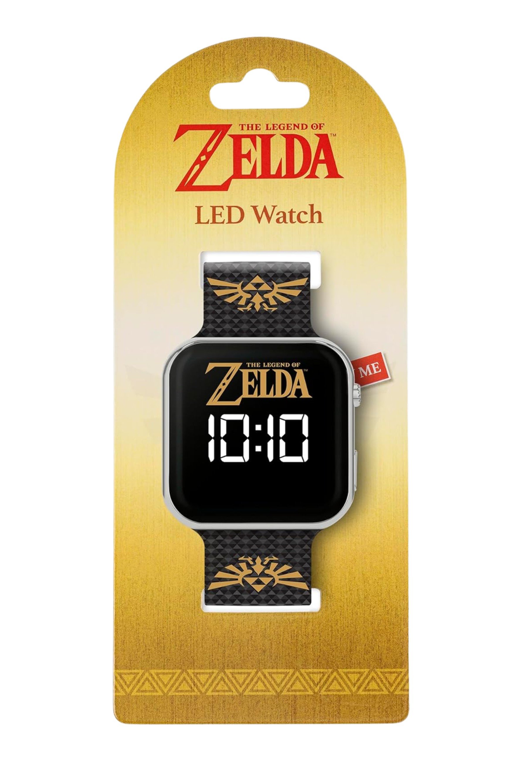 The Legend of Zelda LED-Uhr auf einer goldenen Karte. Die Uhr zeigt 10:10. Das Uhrenarmband und die Karte haben das Zelda-Logo.