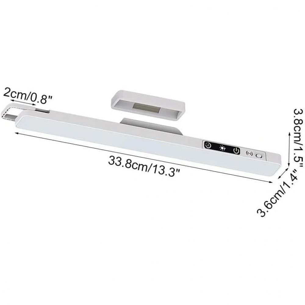 Eine weiße LED-Lampe mit Abmessungen in cm und Zoll. Sie hat Steuertasten und ein separates Montageteil.