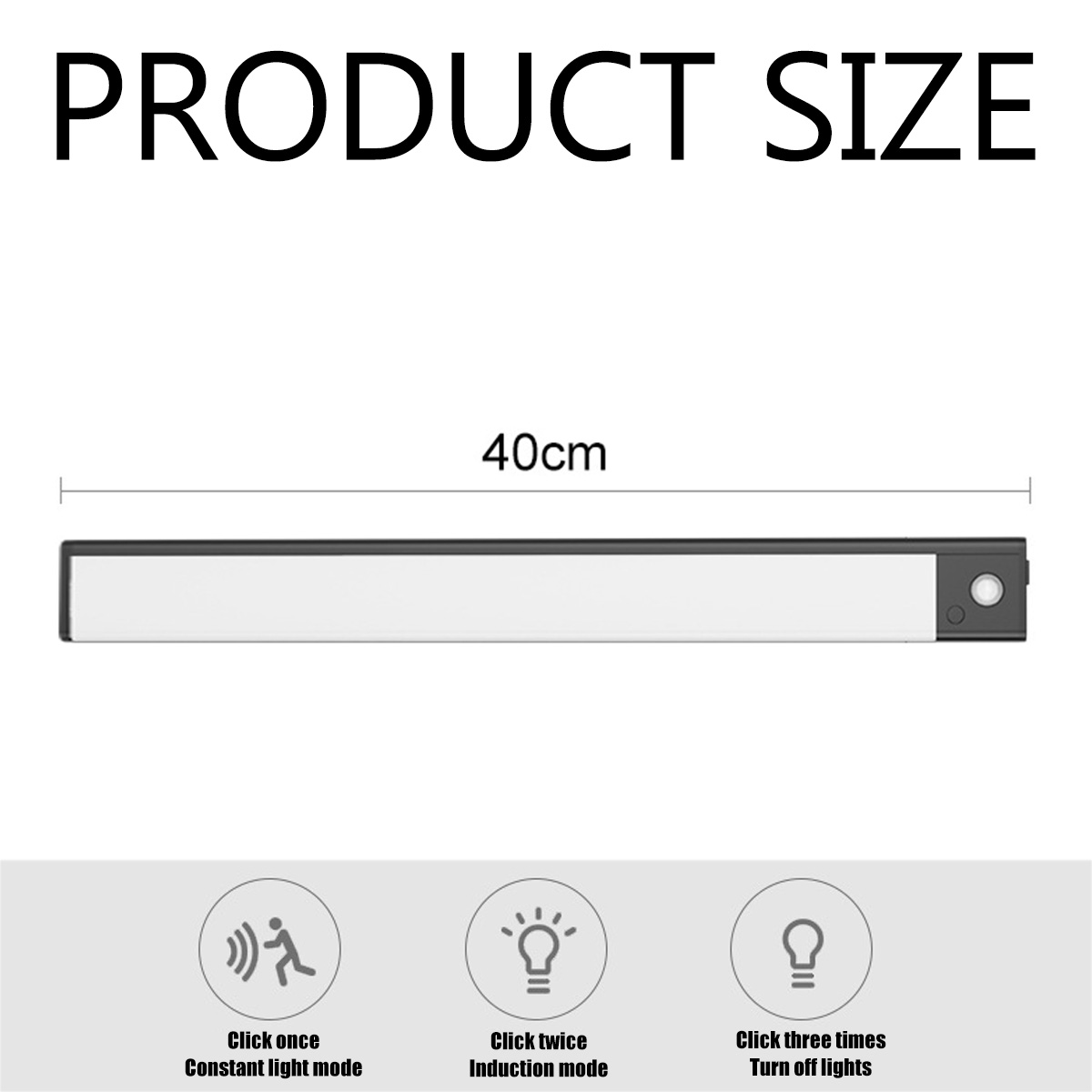Das Bild zeigt ein Produkt mit dem Text 'PRODUCT SIZE'. Eine 40 cm lange Lichtleiste mit Steuerungssymbolen für die Lichtmodi ist ebenfalls sichtbar.