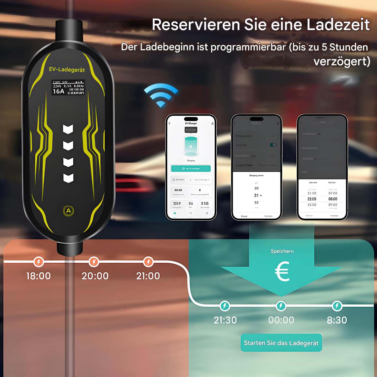 Ładowarka EV z ekranami telefonów pokazującymi opcje ładowania i przyciskiem zapisu z symbolem euro.