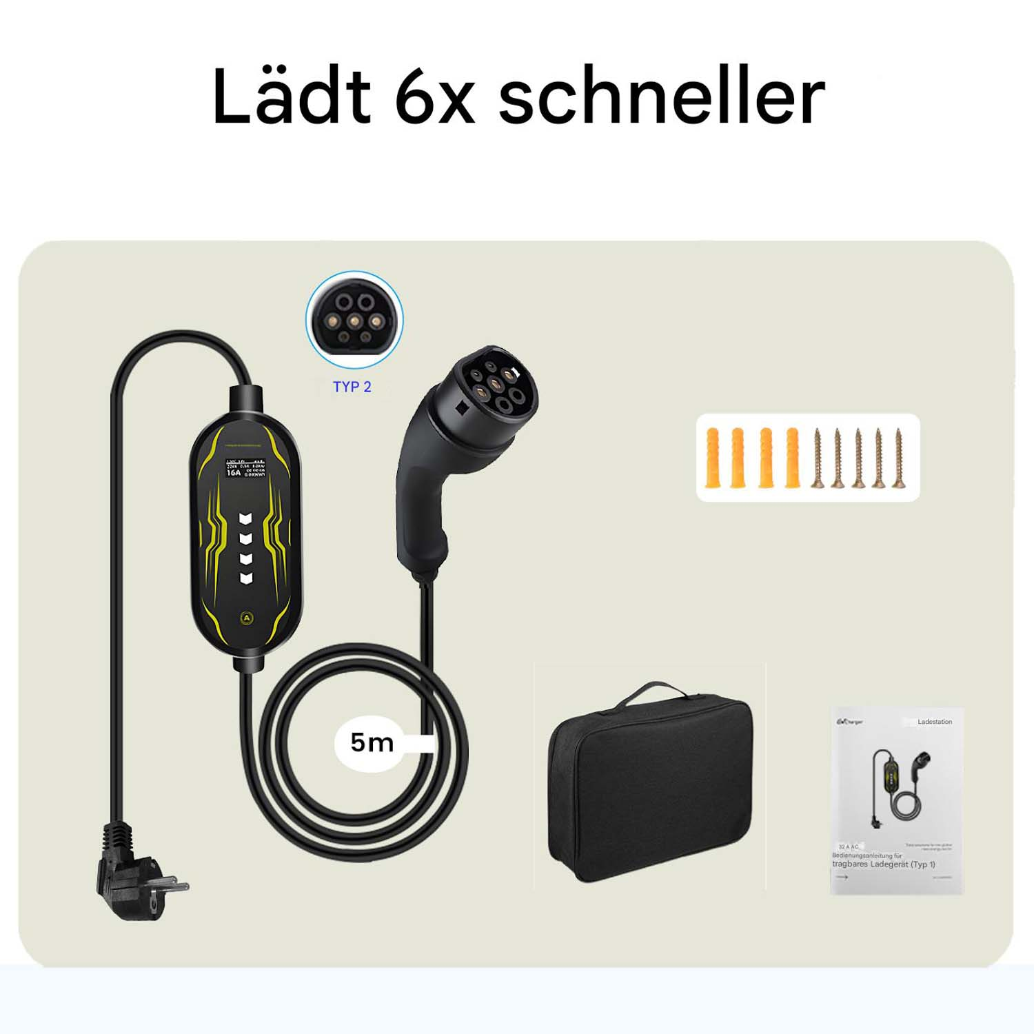 Ein Set für ein Elektrofahrzeug-Ladegerät. Enthält Ladegerät, Anschlüsse, Befestigungsmaterial, eine Tasche und ein Benutzerhandbuch. Der Text lautet "Lädt 6x schneller".