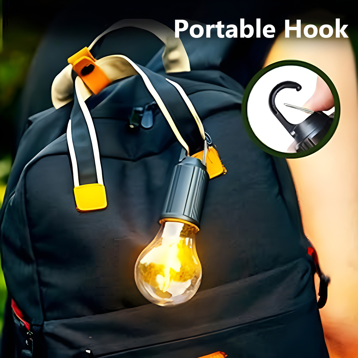 Ein Rucksack mit einem tragbaren Haken wird gezeigt. Eine glühbirnenförmige Lampe hängt an den Trägern. Ein kleineres Bild zeigt einen Finger, der den Haken benutzt.