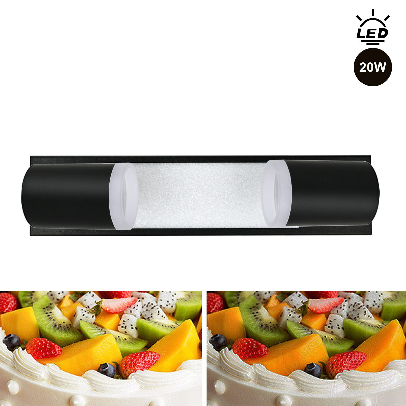 Eine moderne LED-Lampe über einem Obstkuchen. Der Kuchen hat verschiedene Früchte wie Mango, Kiwi und Erdbeere.