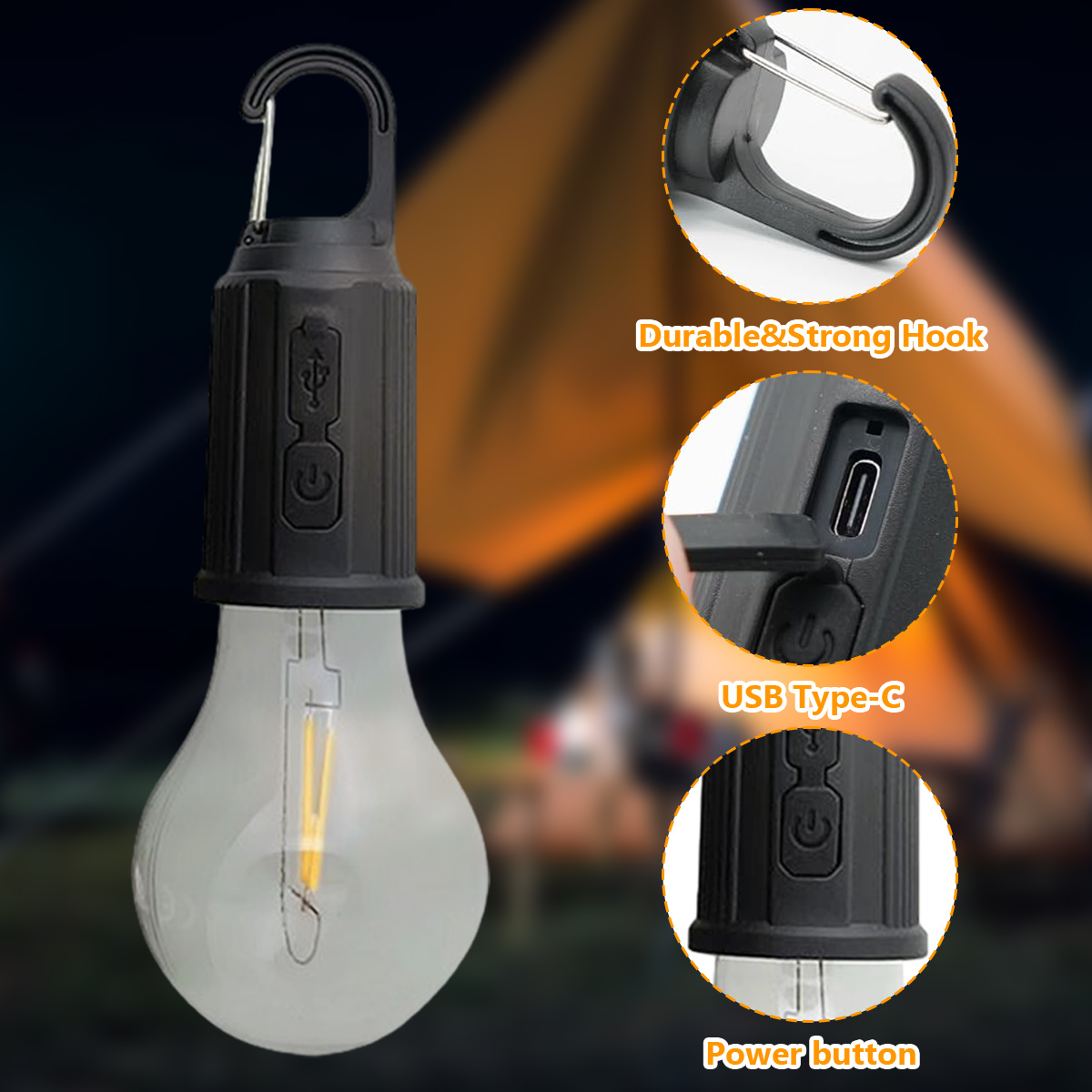 Eine Campinglaterne mit schwarzem Oberteil und einer bauchigen, klaren Leuchte. Sie hat einen Haken, einen USB-C-Anschluss und einen Power-Knopf.