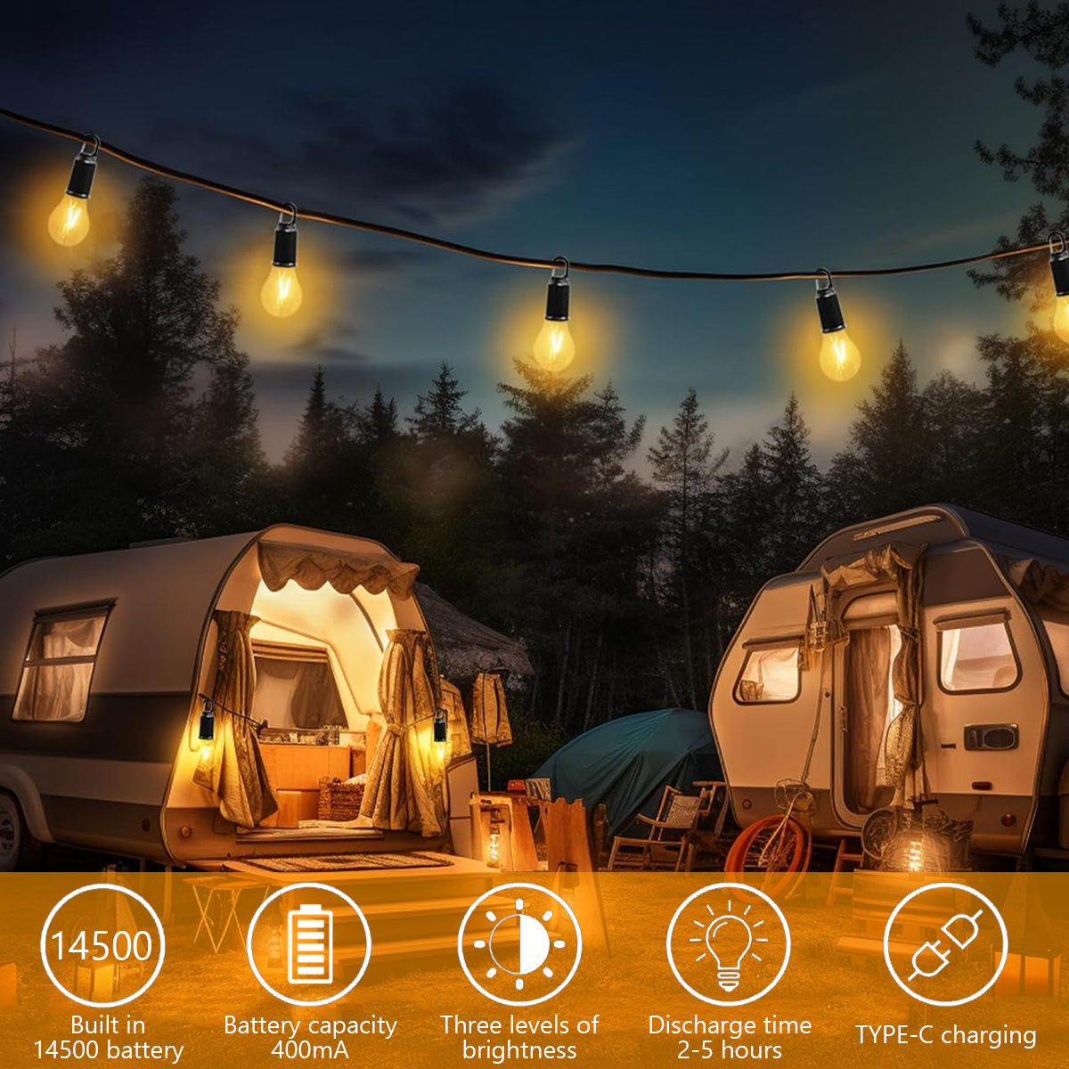Eine Nachtszene mit Camping, beleuchteten Lichterketten, zwei Campern und Symbolen für Batterie, Helligkeit und Ladefunktionen.